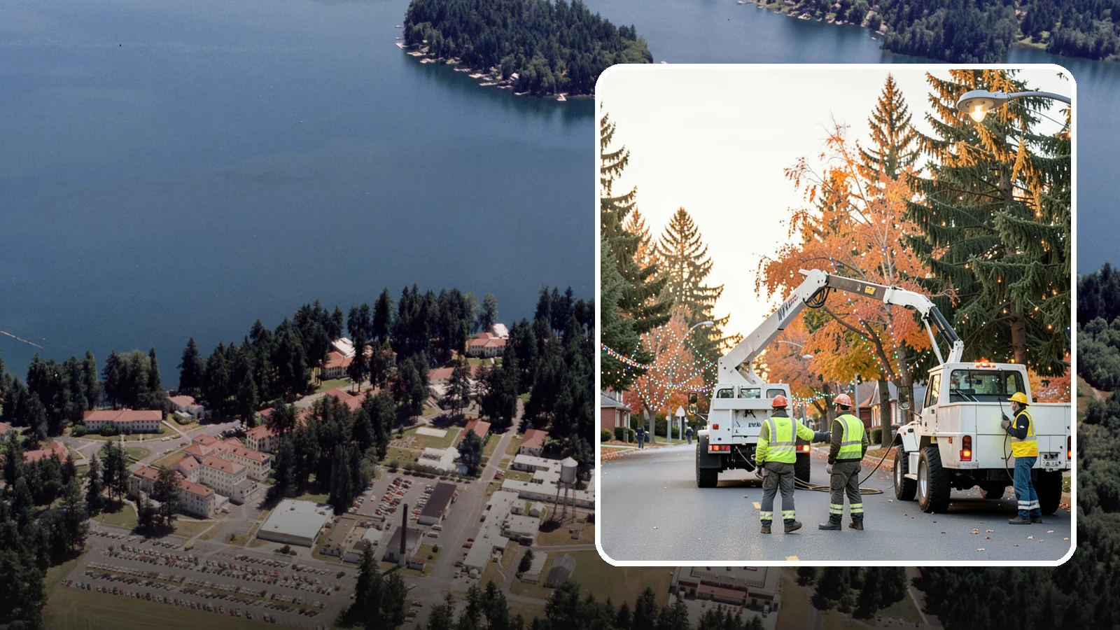 Holiday Lighting Installation in Lakewood, Pierce County, WA - Installation of civic holiday lighting displays for Western Washington downtowns, parks, and public buildings.