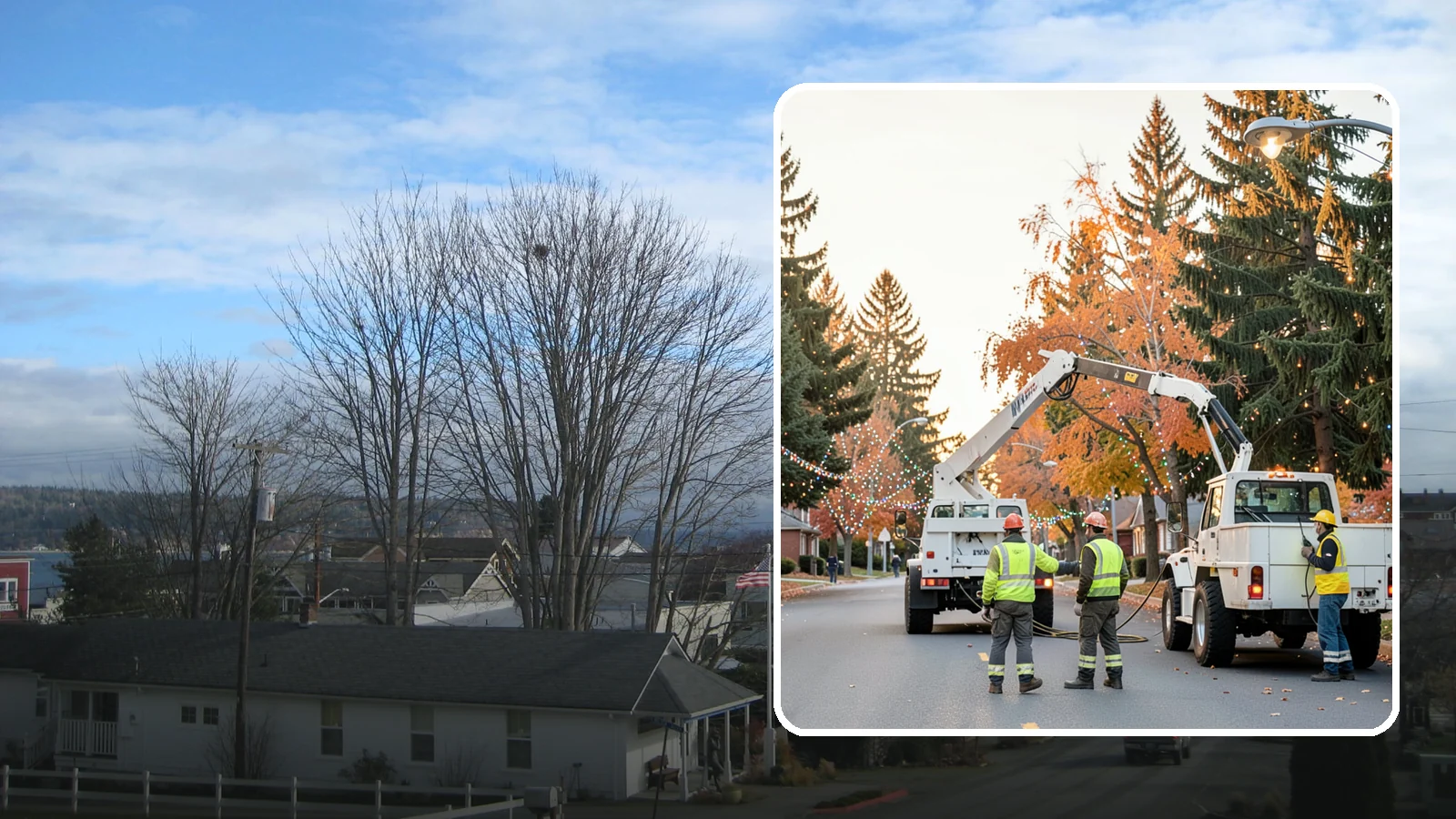 Holiday Lighting Installation in Langley, Island County, WA - Installation of civic holiday lighting displays for Western Washington downtowns, parks, and public buildings.