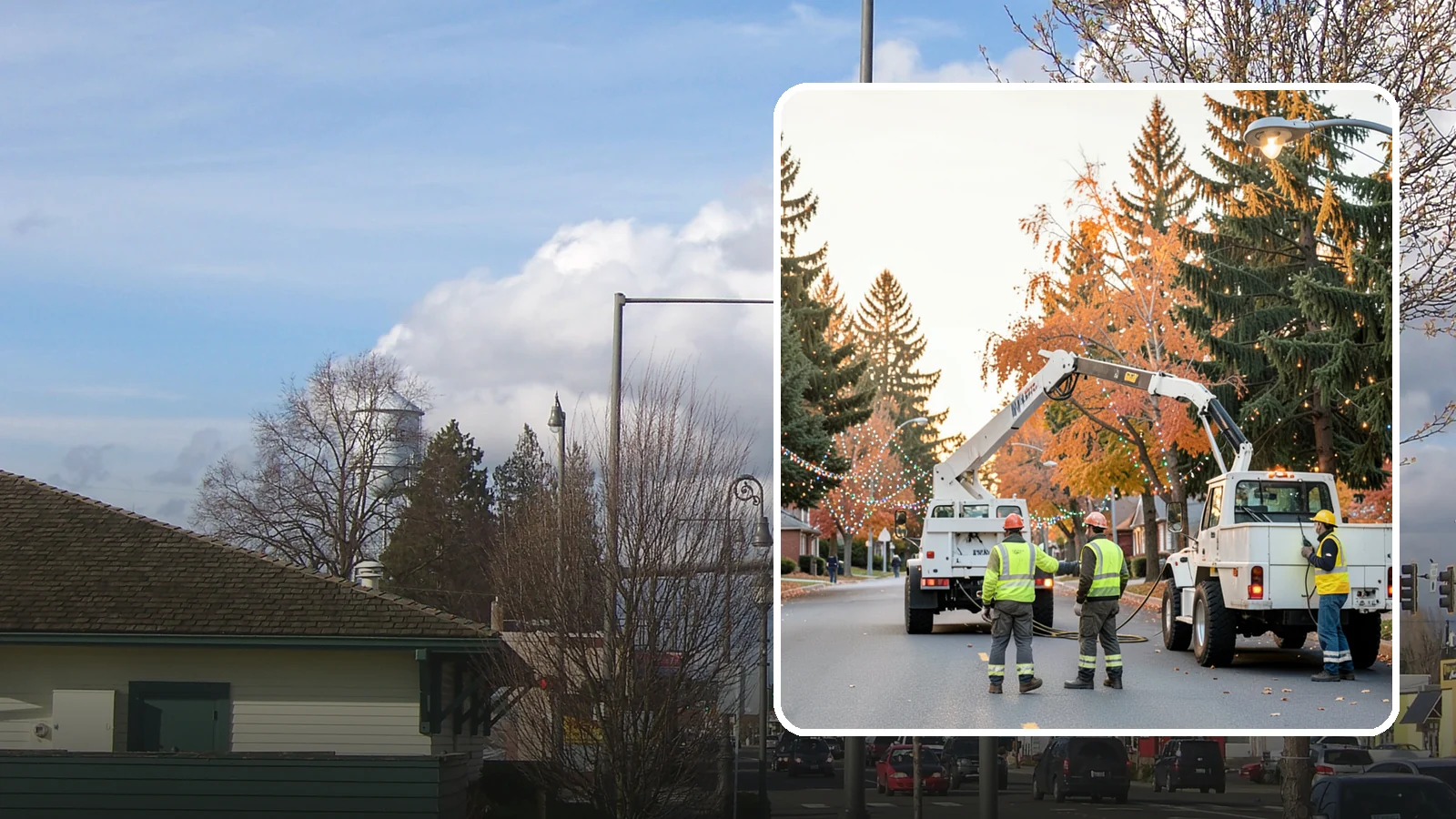 Holiday Lighting Installation in Marysville, Snohomish County, WA - Installation of civic holiday lighting displays for Western Washington downtowns, parks, and public buildings.