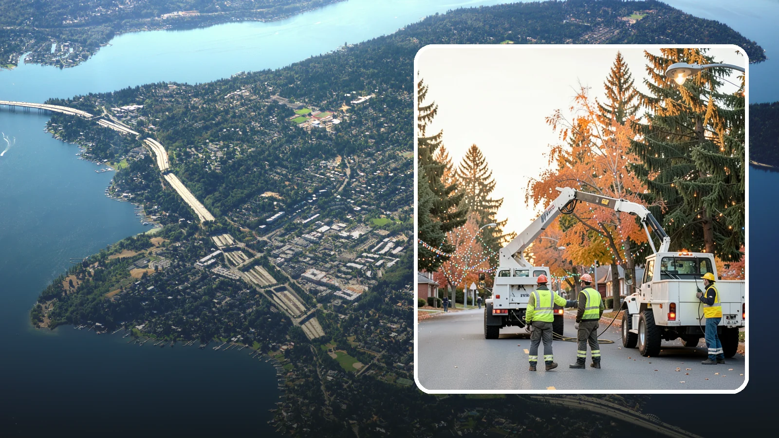 Holiday Lighting Installation in Mercer Island, King County, WA - Installation of civic holiday lighting displays for Western Washington downtowns, parks, and public buildings.