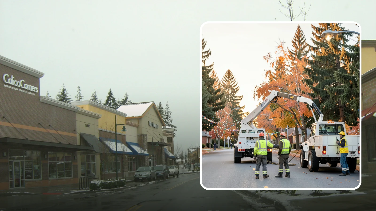 Holiday Lighting Installation in Mill Creek, Snohomish County, WA - Installation of civic holiday lighting displays for Western Washington downtowns, parks, and public buildings.