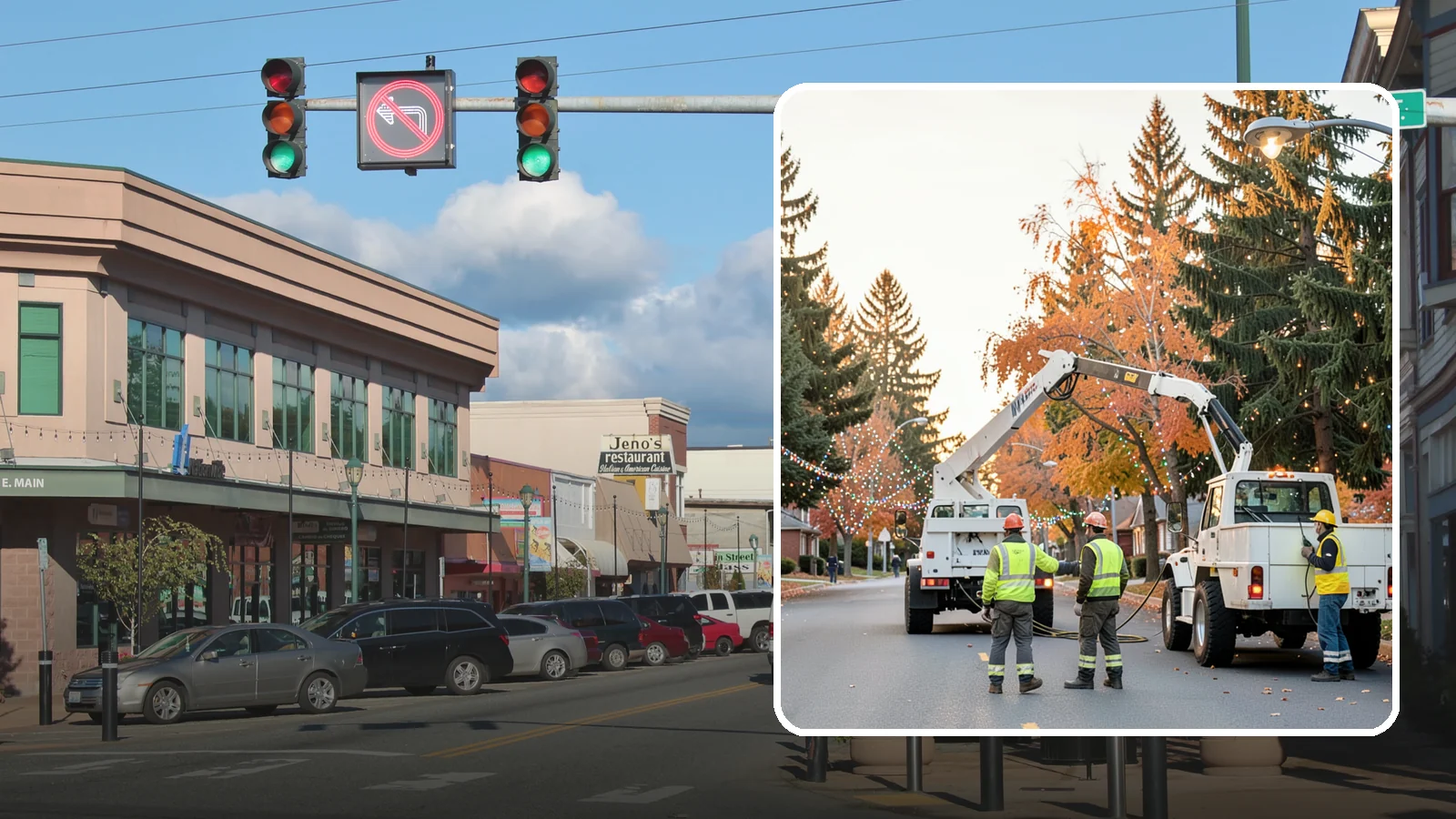 Holiday Lighting Installation in Monroe, Snohomish County, WA - Installation of civic holiday lighting displays for Western Washington downtowns, parks, and public buildings.