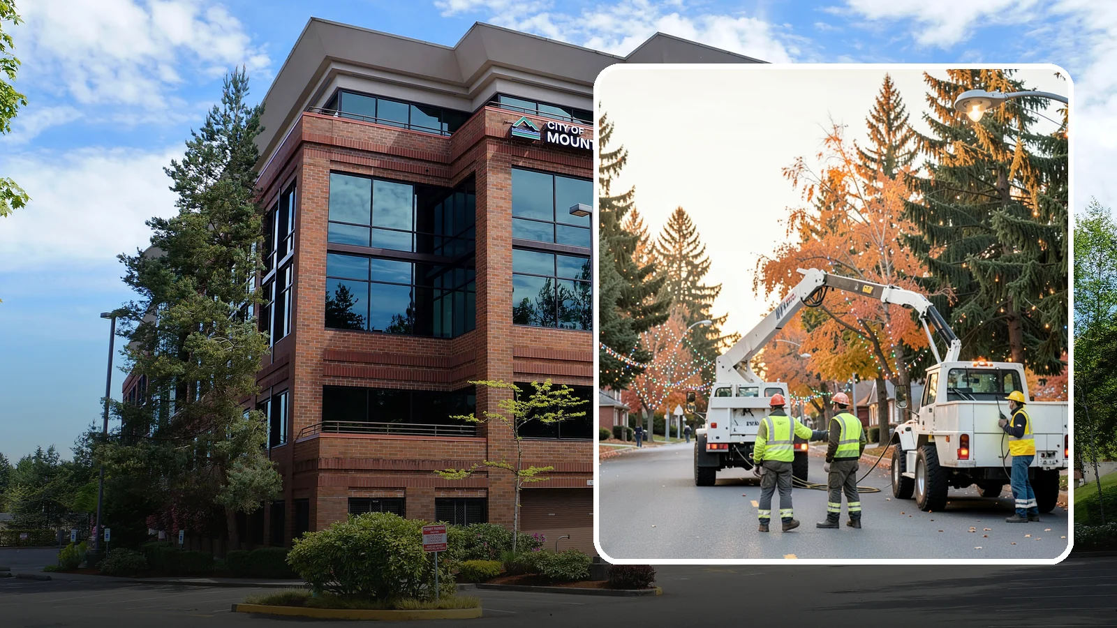 Holiday Lighting Installation in Mountlake Terrace, Snohomish County, WA - Installation of civic holiday lighting displays for Western Washington downtowns, parks, and public buildings.