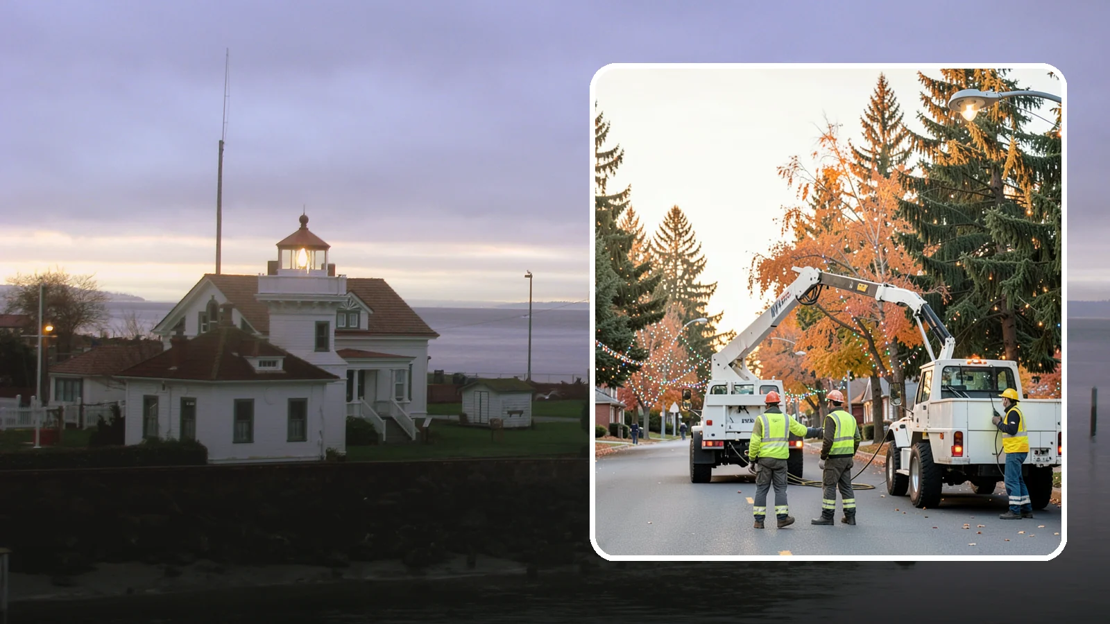 Holiday Lighting Installation in Mukilteo, Snohomish County, WA - Installation of civic holiday lighting displays for Western Washington downtowns, parks, and public buildings.