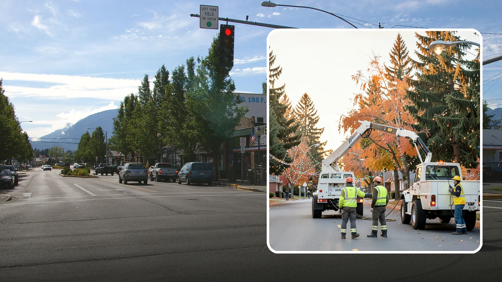 Holiday Lighting Installation in North Bend, King County, WA - Installation of civic holiday lighting displays for Western Washington downtowns, parks, and public buildings.