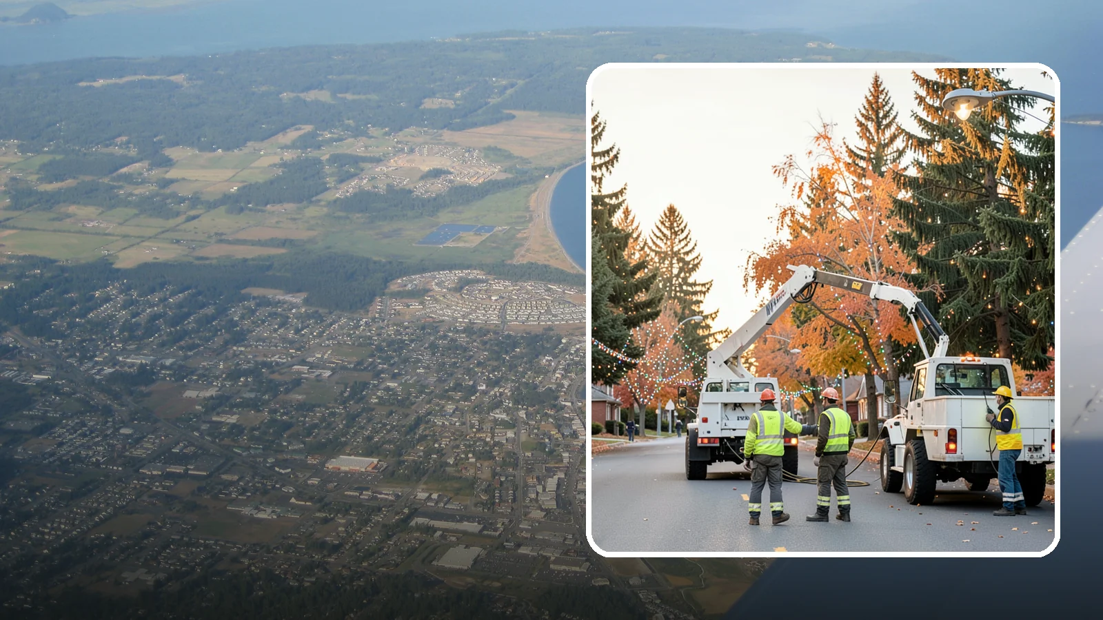 Holiday Lighting Installation in Oak Harbor, Island County, WA - Installation of civic holiday lighting displays for Western Washington downtowns, parks, and public buildings.