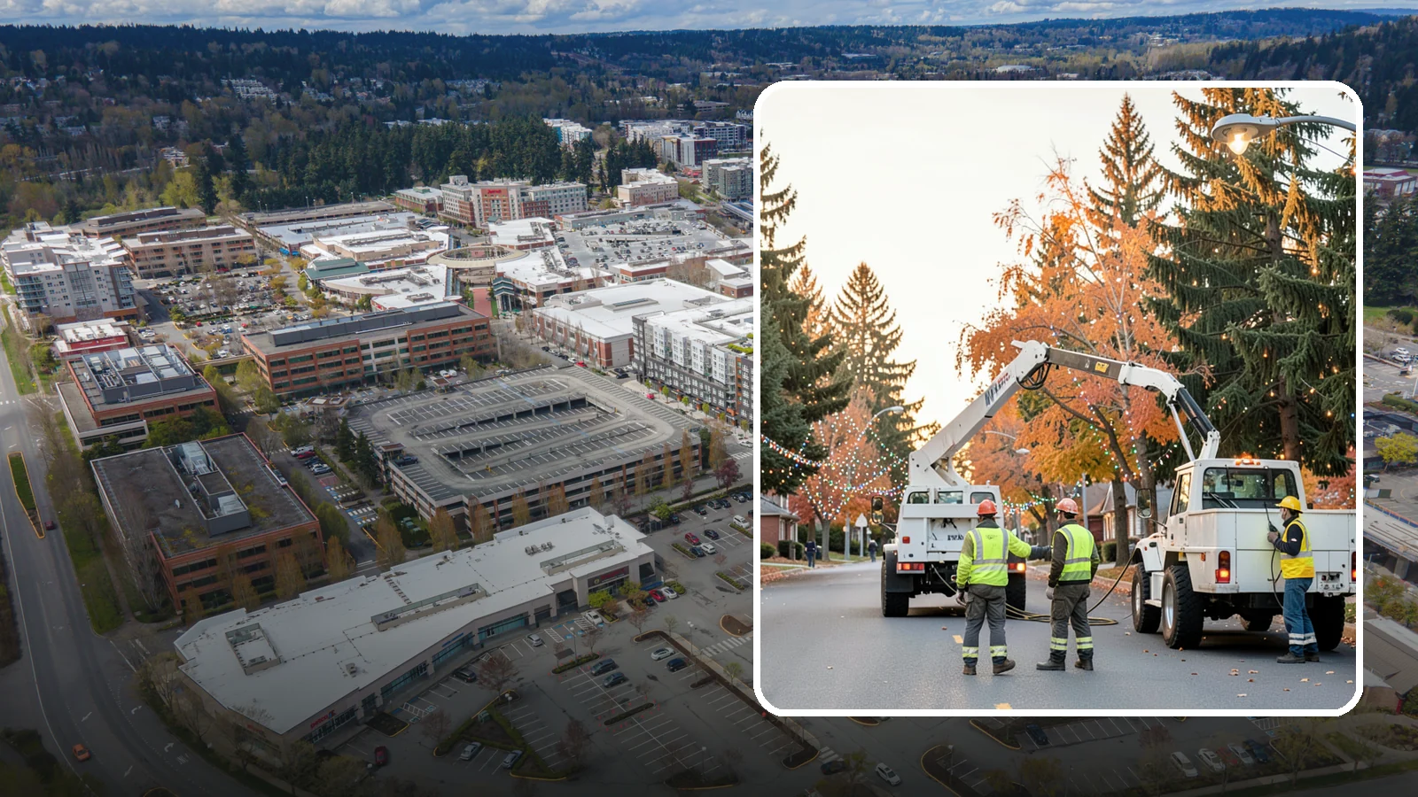 Holiday Lighting Installation in Redmond, King County, WA - Installation of civic holiday lighting displays for Western Washington downtowns, parks, and public buildings.