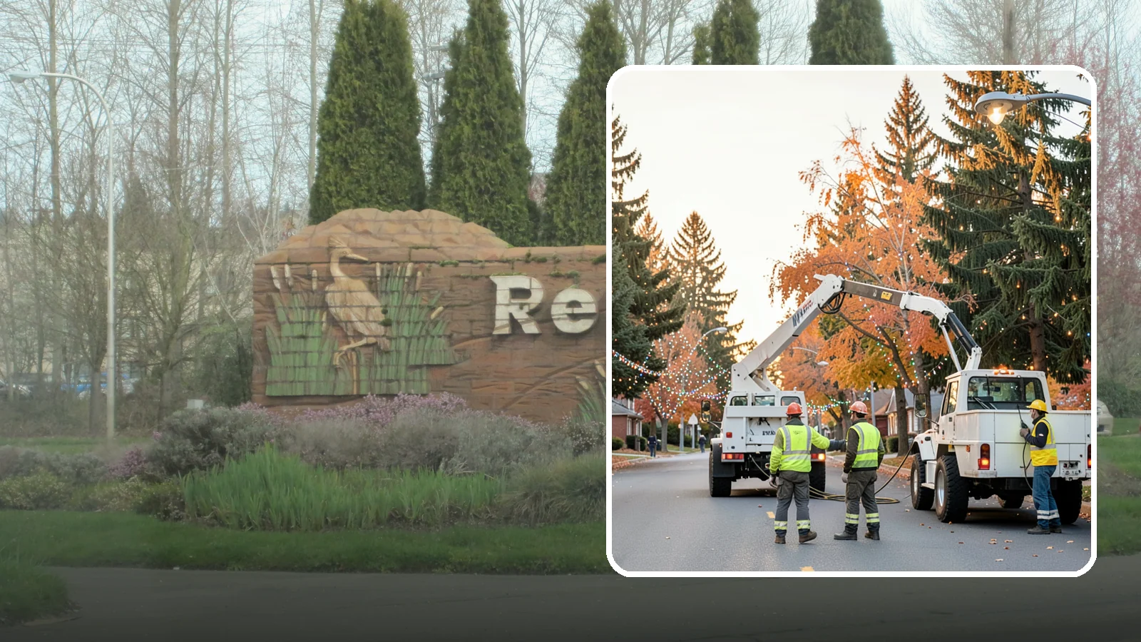 Holiday Lighting Installation in Renton, King County, WA - Installation of civic holiday lighting displays for Western Washington downtowns, parks, and public buildings.