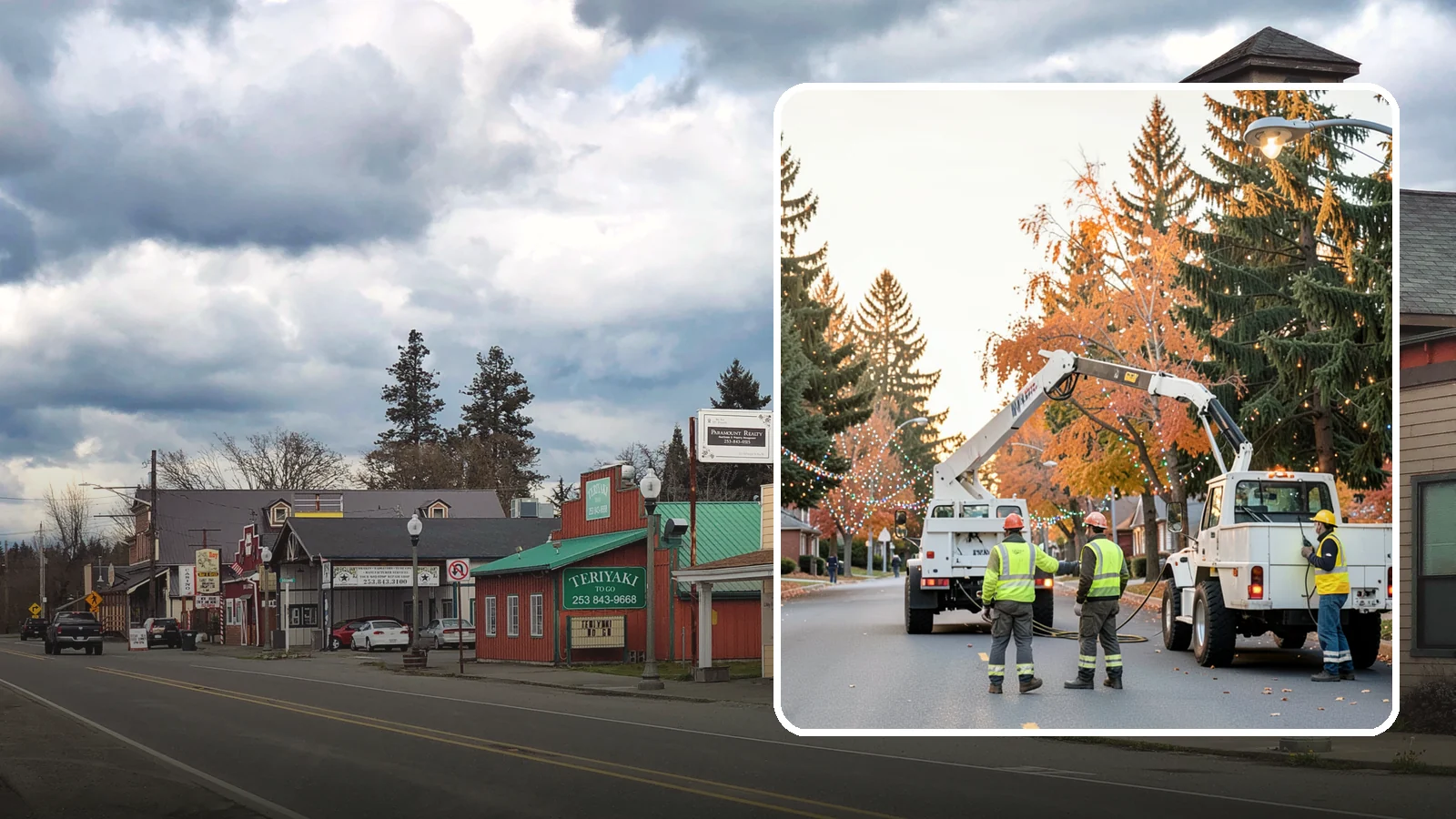 Holiday Lighting Installation in Roy, Pierce County, WA - Installation of civic holiday lighting displays for Western Washington downtowns, parks, and public buildings.