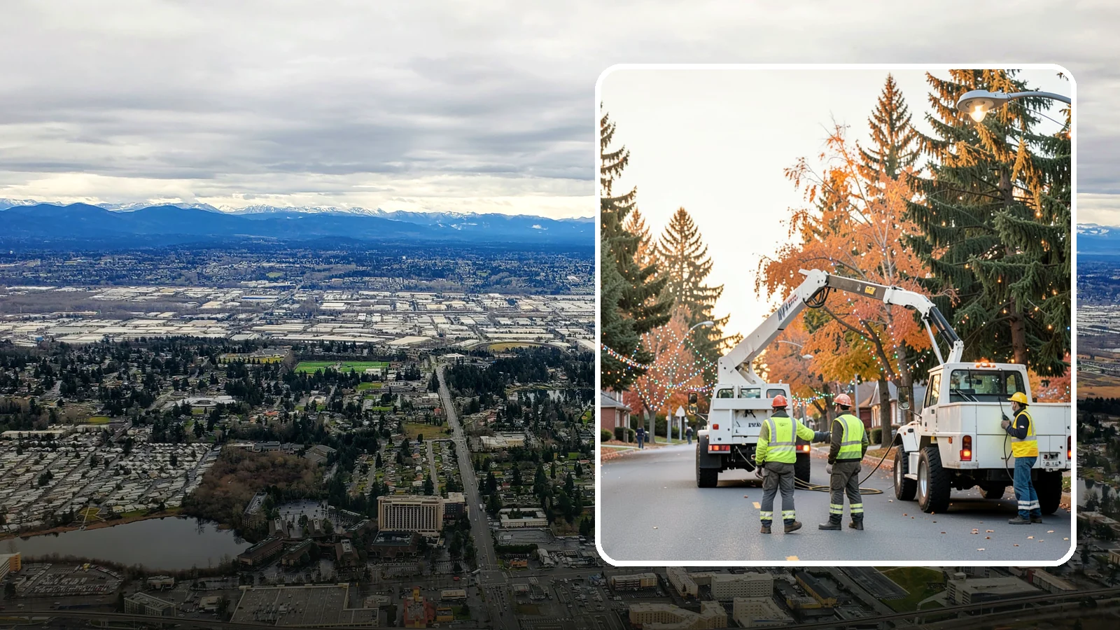 Holiday Lighting Installation in SeaTac, King County, WA - Installation of civic holiday lighting displays for Western Washington downtowns, parks, and public buildings.