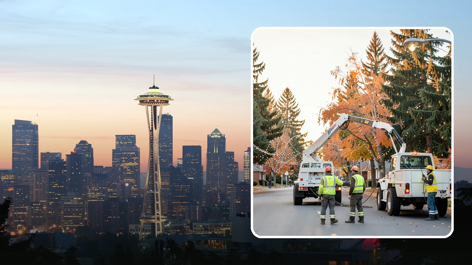 Holiday Lighting Installation in Seattle, King County, WA - Installation of civic holiday lighting displays for Western Washington downtowns, parks, and public buildings.