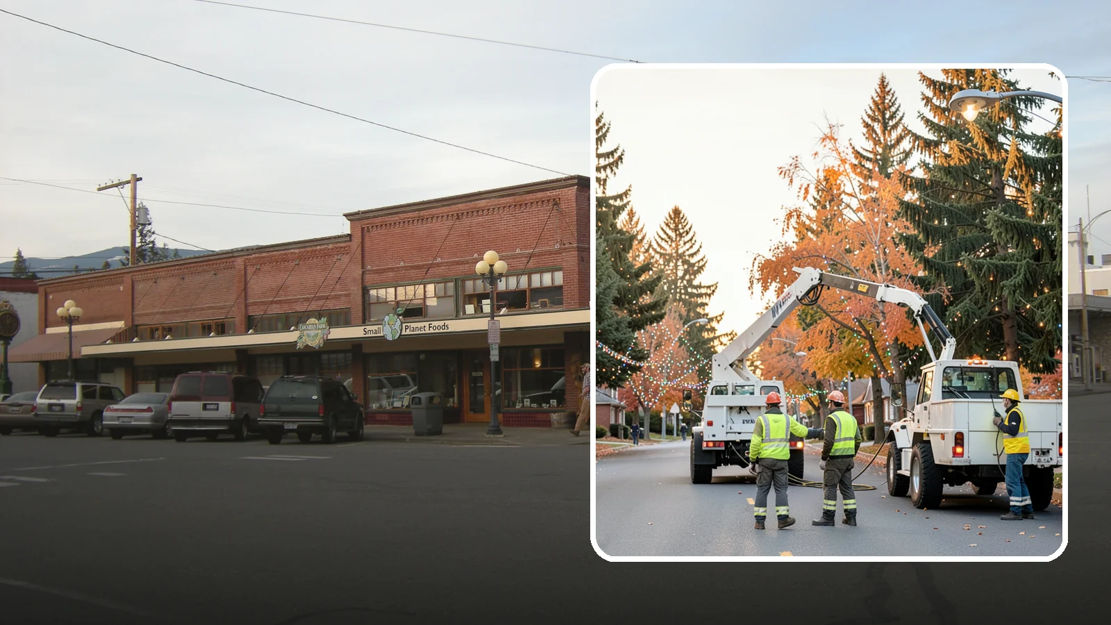 Holiday Lighting Installation in Sedro-Woolley, Skagit County, WA - Installation of civic holiday lighting displays for Western Washington downtowns, parks, and public buildings.