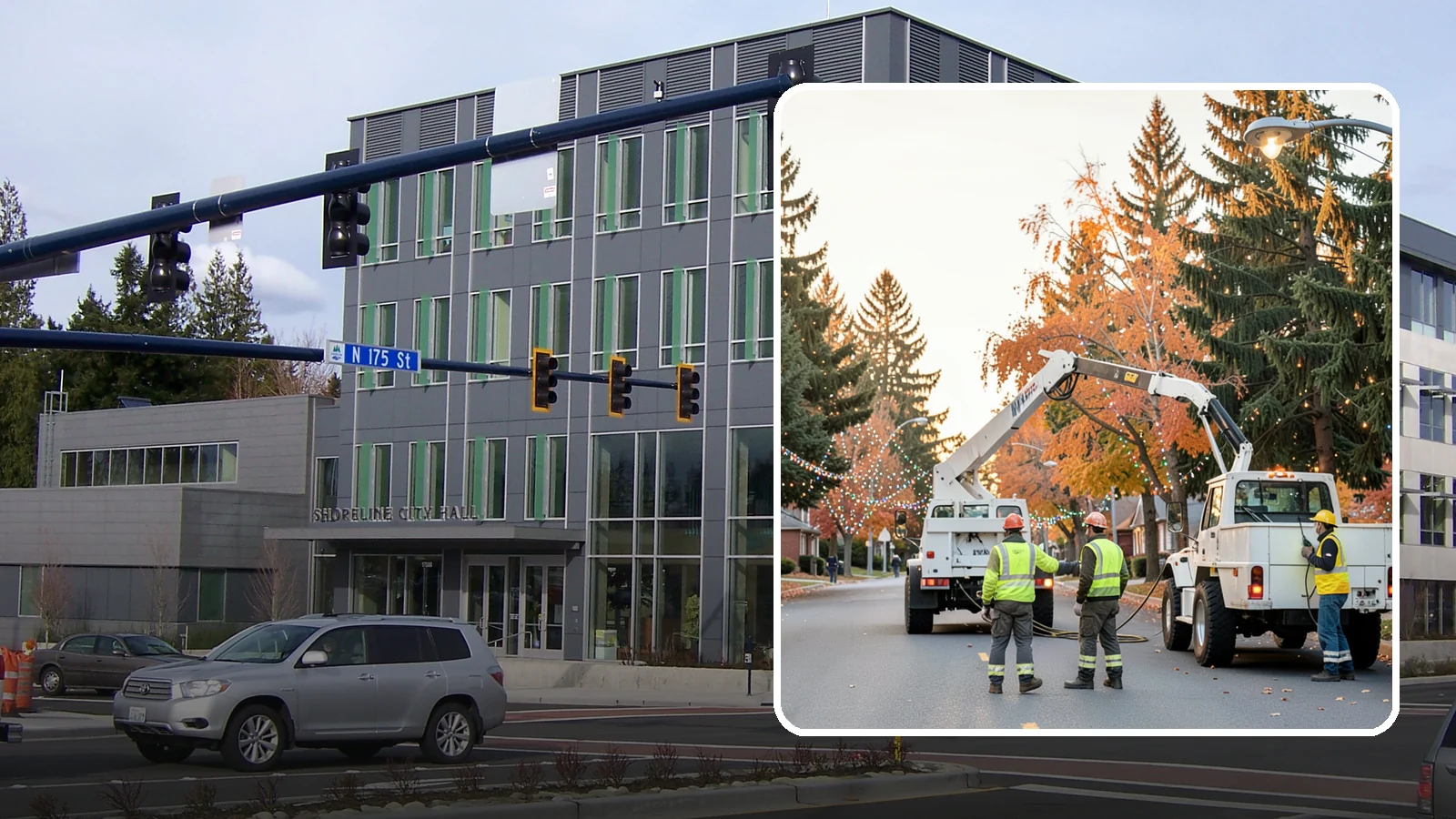 Holiday Lighting Installation in Shoreline, King County, WA - Installation of civic holiday lighting displays for Western Washington downtowns, parks, and public buildings.