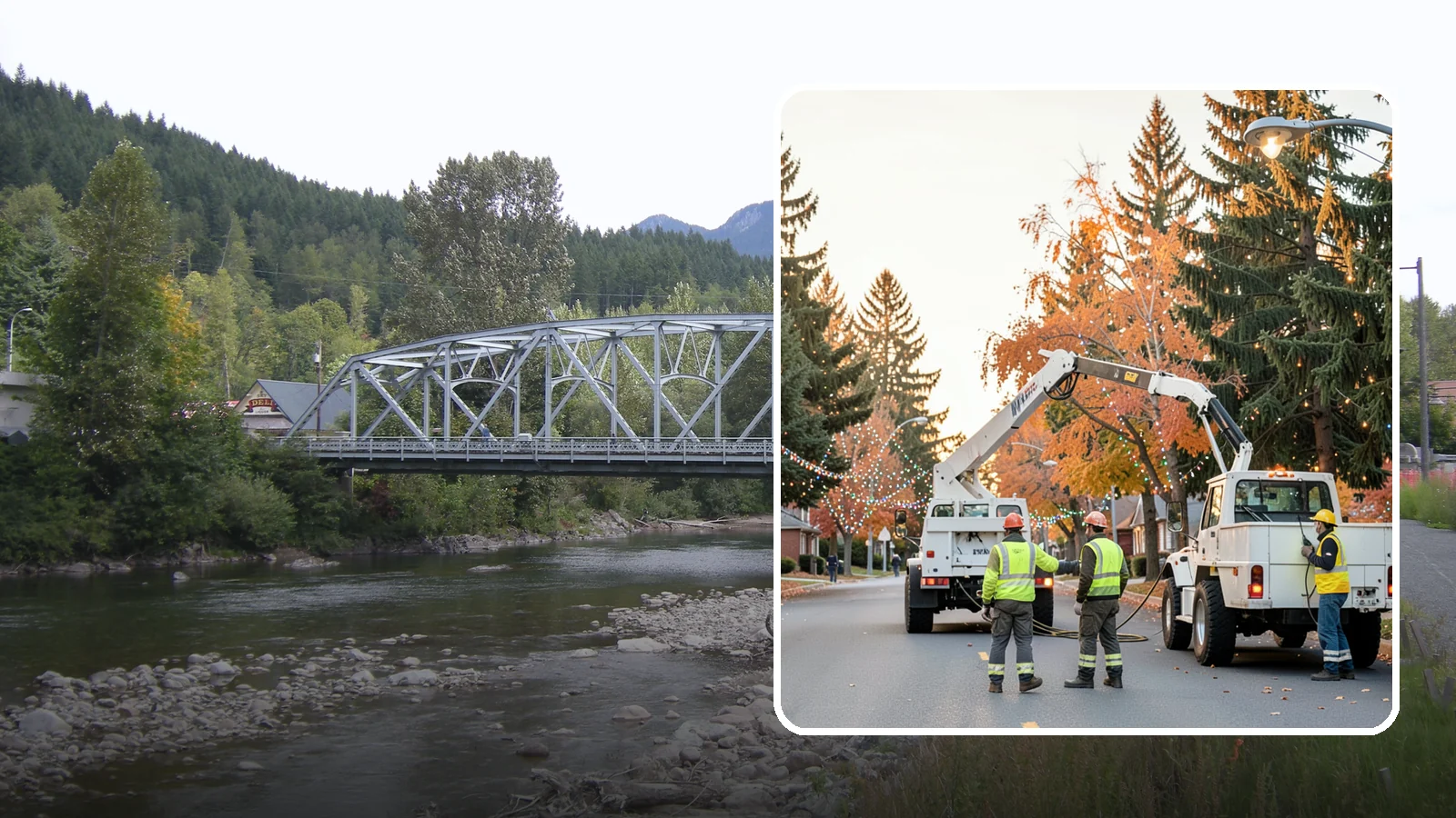 Holiday Lighting Installation in Skykomish, King County, WA - Installation of civic holiday lighting displays for Western Washington downtowns, parks, and public buildings.