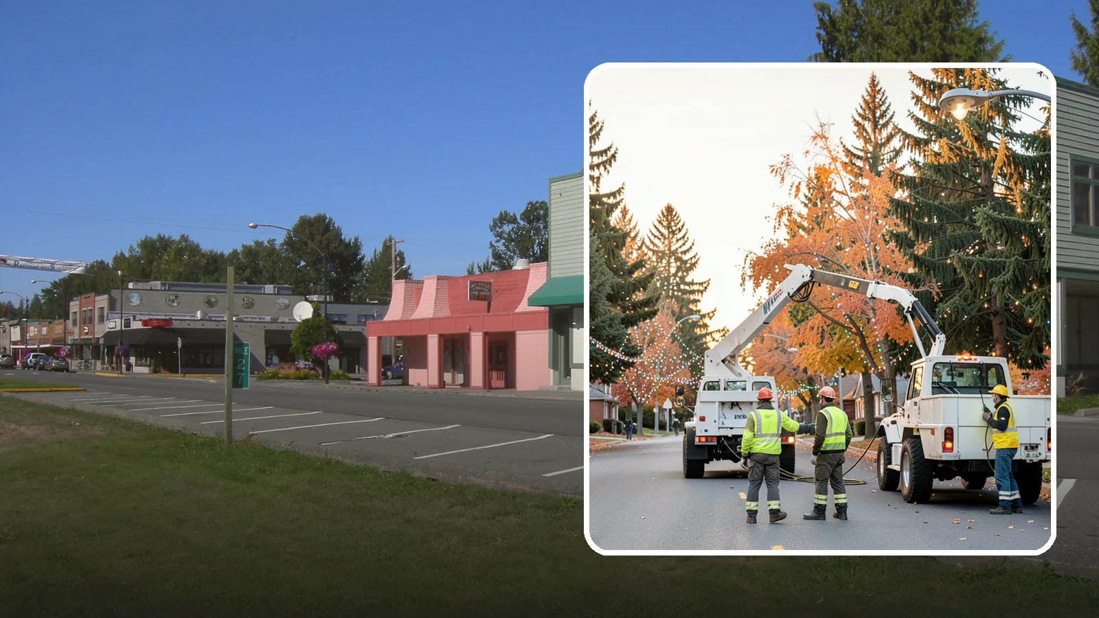 Holiday Lighting Installation in Snoqualmie, King County, WA - Installation of civic holiday lighting displays for Western Washington downtowns, parks, and public buildings.