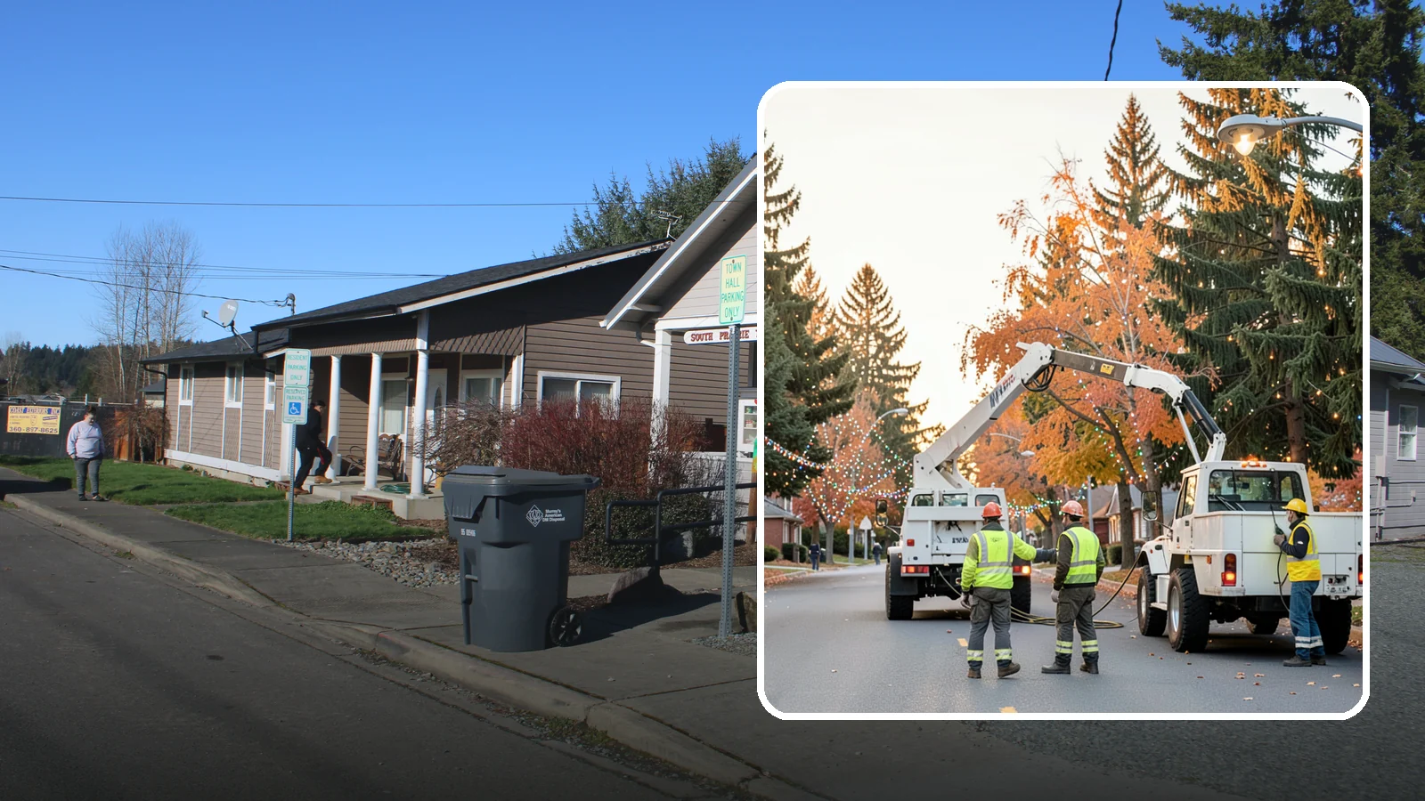 Holiday Lighting Installation in South Prairie, Pierce County, WA - Installation of civic holiday lighting displays for Western Washington downtowns, parks, and public buildings.
