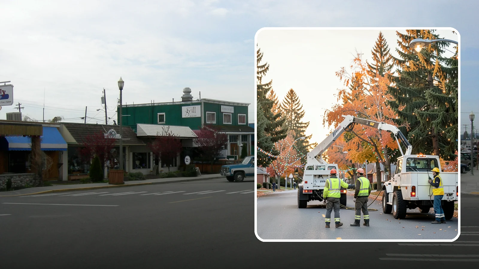 Holiday Lighting Installation in Stanwood, Snohomish County, WA - Installation of civic holiday lighting displays for Western Washington downtowns, parks, and public buildings.