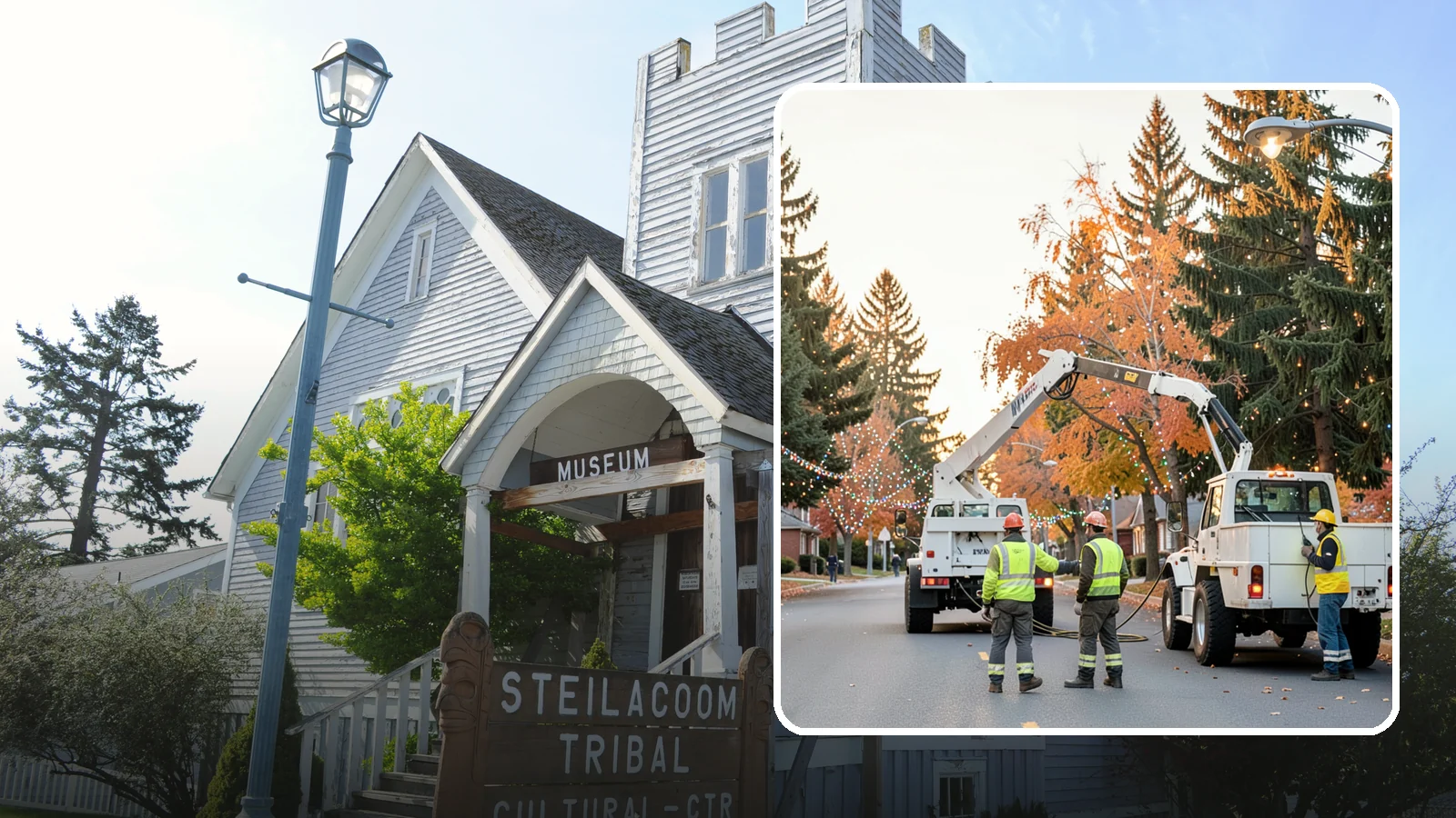 Holiday Lighting Installation in Steilacoom, Pierce County, WA - Installation of civic holiday lighting displays for Western Washington downtowns, parks, and public buildings.