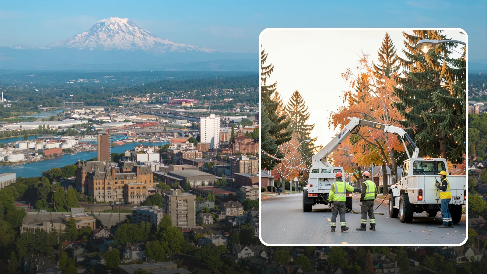 Holiday Lighting Installation in Tacoma, Pierce County, WA - Installation of civic holiday lighting displays for Western Washington downtowns, parks, and public buildings.