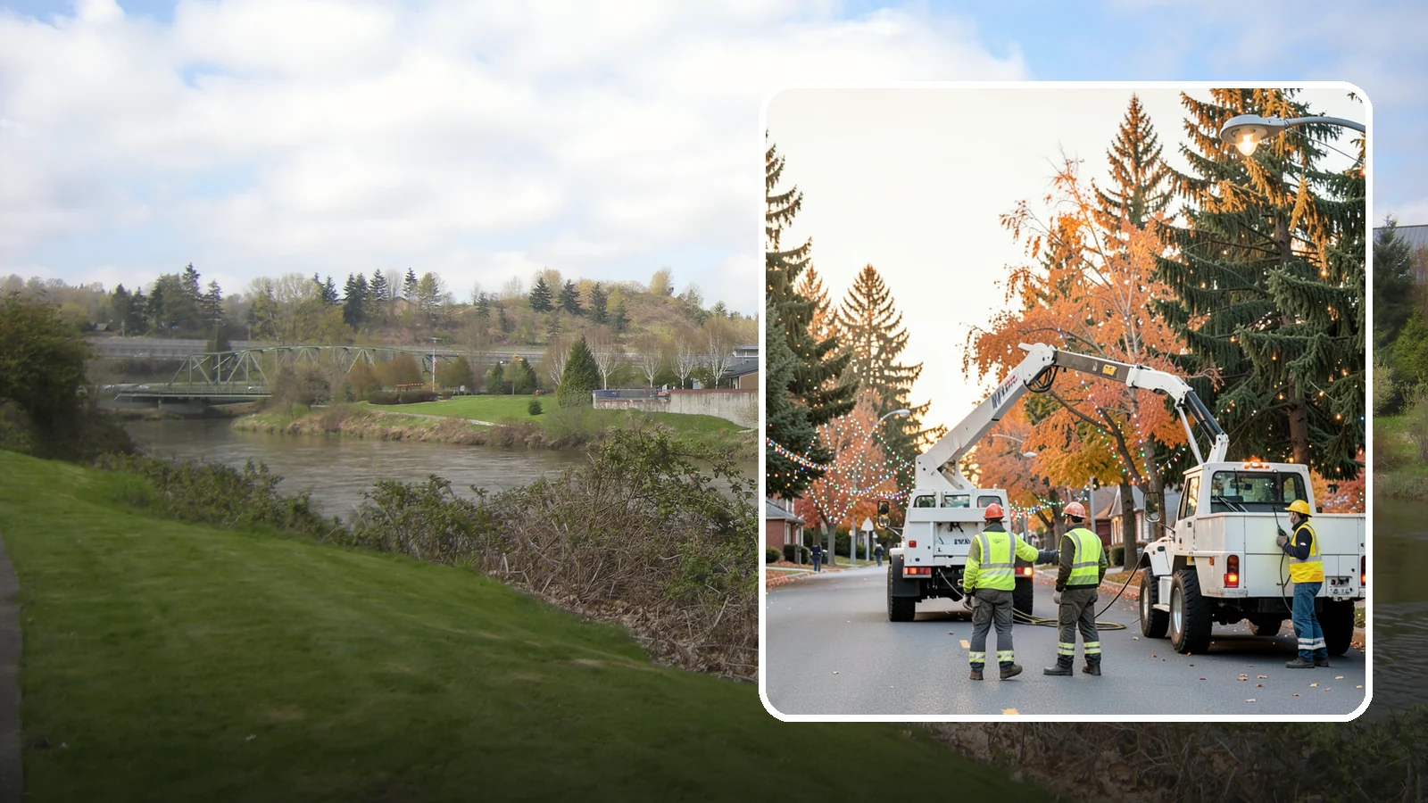 Holiday Lighting Installation in Tukwila, King County, WA - Installation of civic holiday lighting displays for Western Washington downtowns, parks, and public buildings.