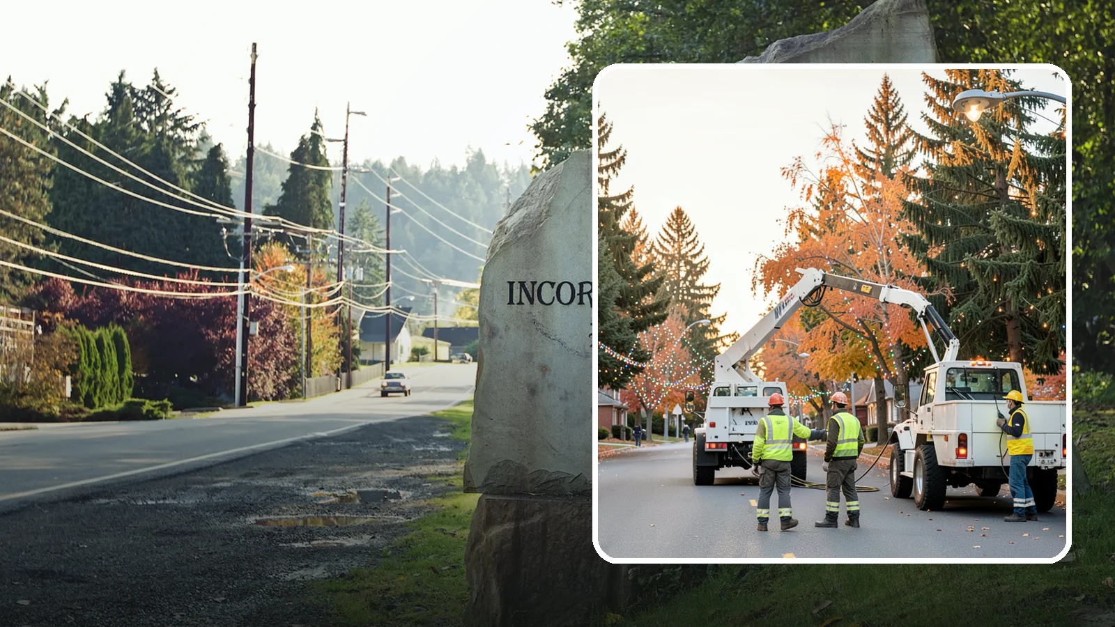 Holiday Lighting Installation in Wilkeson, Pierce County, WA - Installation of civic holiday lighting displays for Western Washington downtowns, parks, and public buildings.