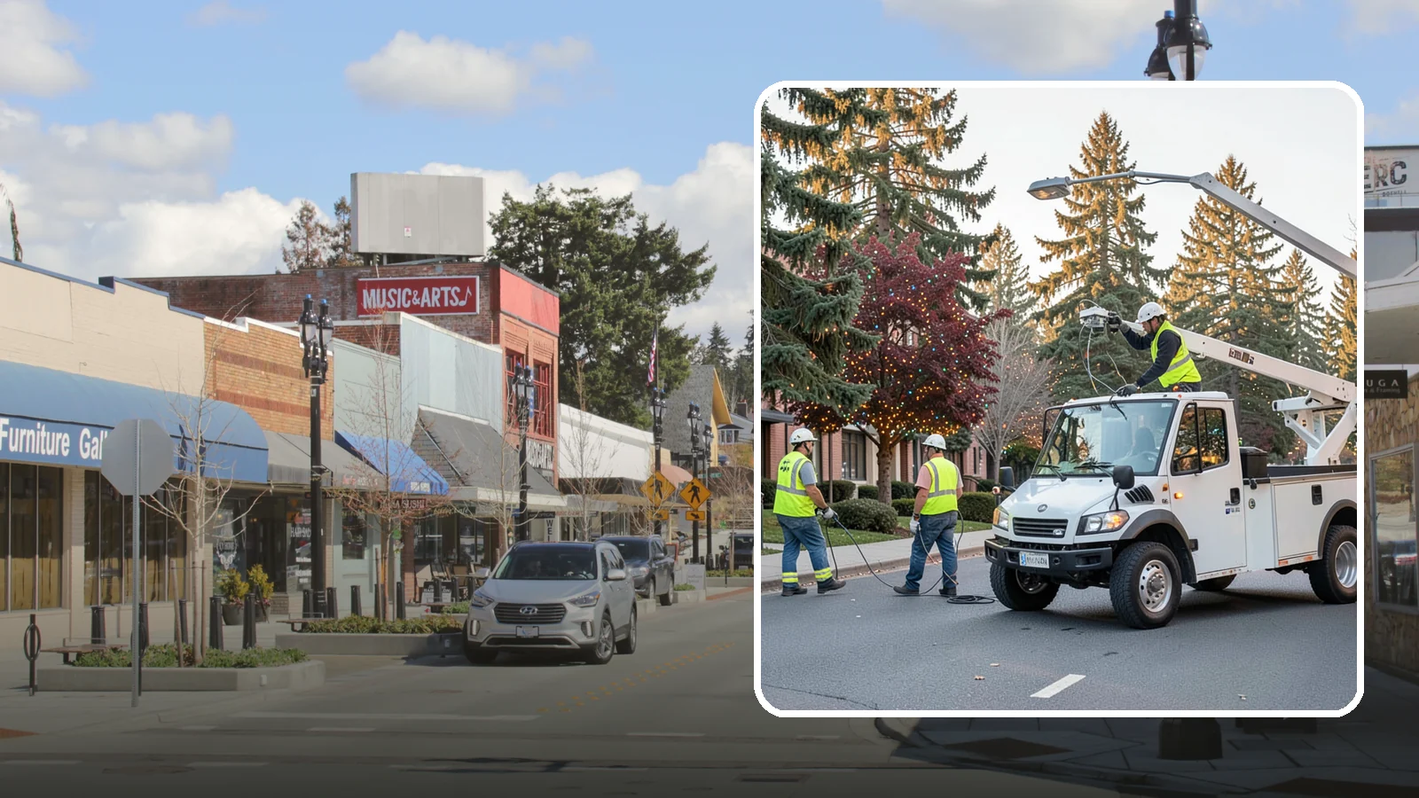 Holiday Lighting in Bothell, King County, WA - Seasonal installation, maintenance, and removal of civic holiday lighting for downtowns and public spaces.