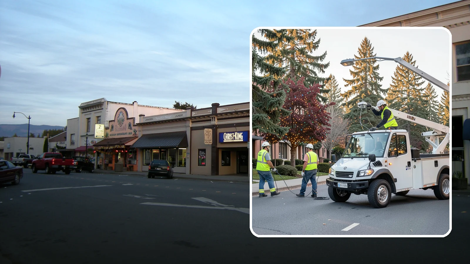 Holiday Lighting in Burlington, Skagit County, WA - Seasonal installation, maintenance, and removal of civic holiday lighting for downtowns and public spaces.