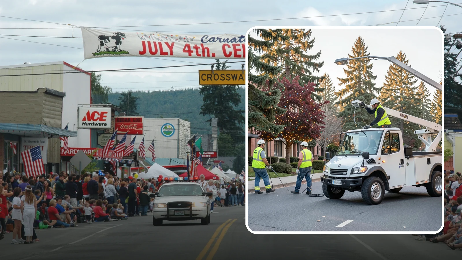 Holiday Lighting in Carnation, King County, WA - Seasonal installation, maintenance, and removal of civic holiday lighting for downtowns and public spaces.