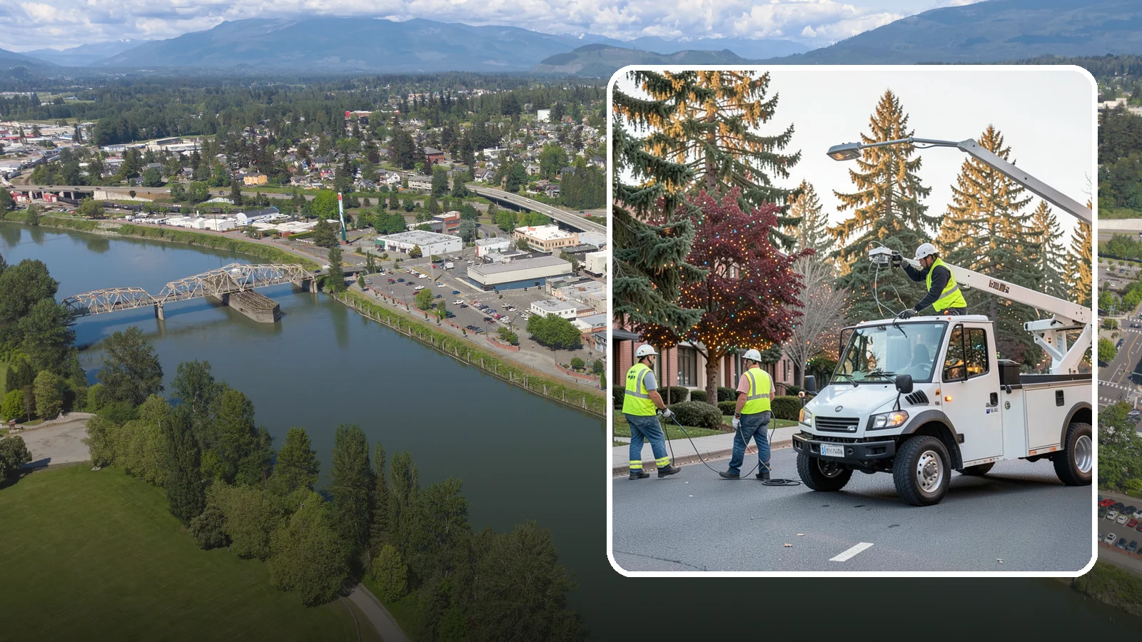 Holiday Lighting in Mount Vernon, Skagit County, WA - Seasonal installation, maintenance, and removal of civic holiday lighting for downtowns and public spaces.