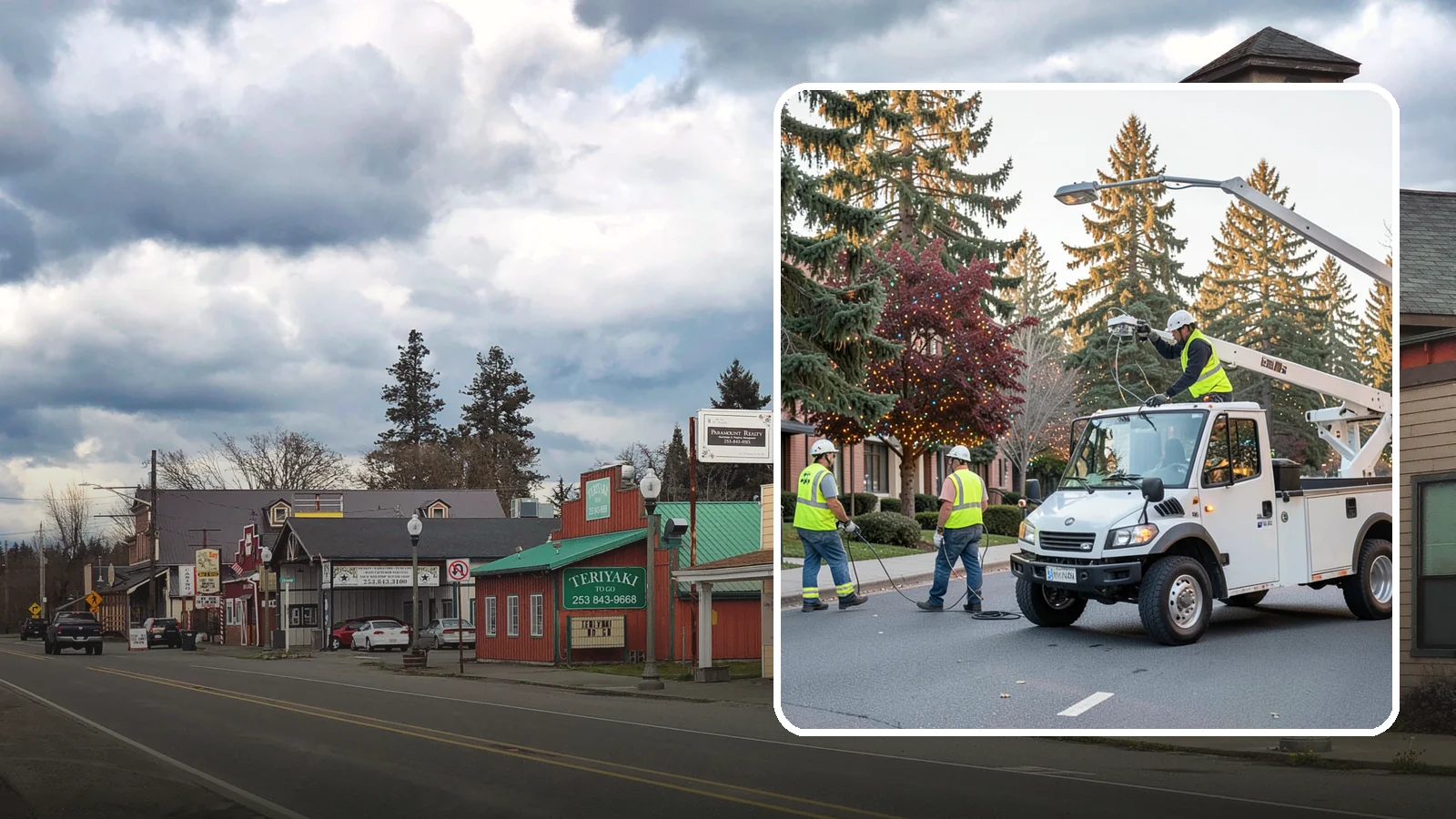 Holiday Lighting in Roy, Pierce County, WA - Seasonal installation, maintenance, and removal of civic holiday lighting for downtowns and public spaces.
