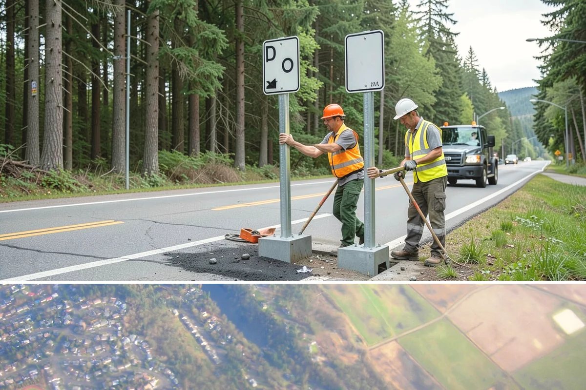 Interpretive Sign Installation in Algona, King County, WA - Interpretive sign installation runs year-round, with footing work scheduled around drier ground conditions when possible.