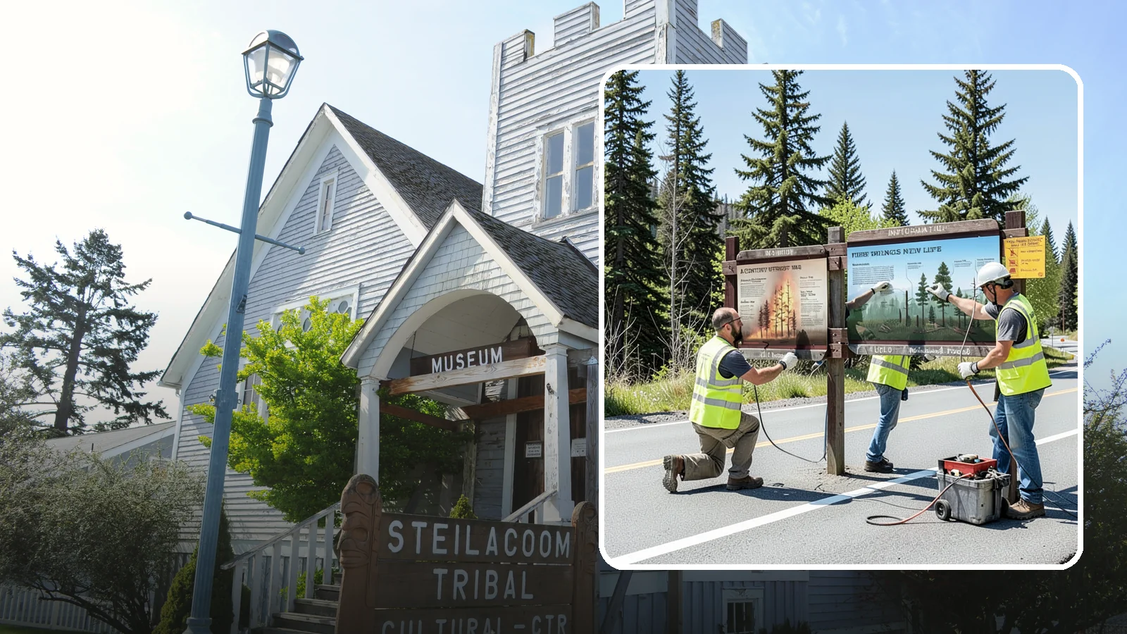 Interpretive Sign Installation in Steilacoom, Pierce County, WA - Installation of interpretive and educational signage on durable panels and frames for parks, trails, and historic sites.