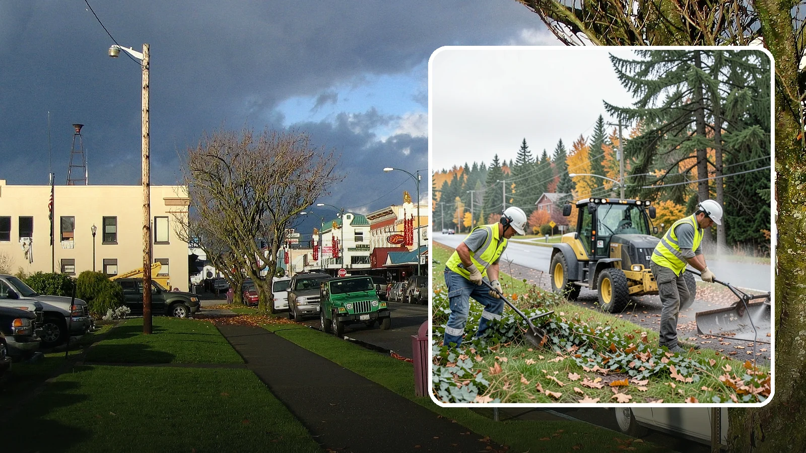 Ivy Removal in Arlington, Snohomish County, WA - Removal of English ivy from tree trunks, ground beds, and structures to protect trees and public infrastructure.