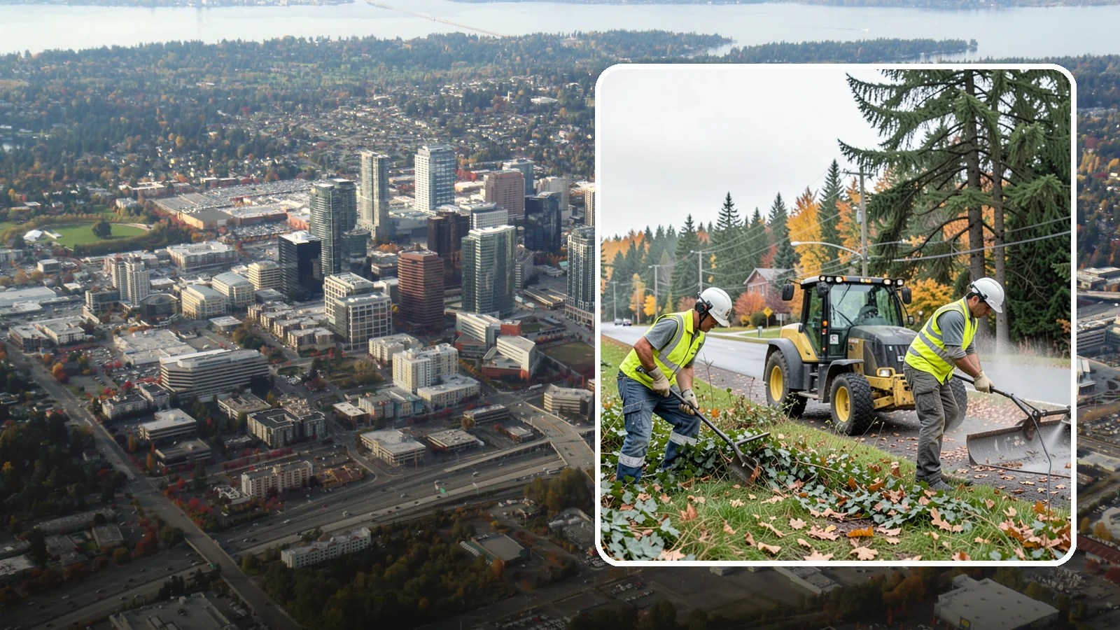 Ivy Removal in Bellevue, King County, WA - Removal of English ivy from tree trunks, ground beds, and structures to protect trees and public infrastructure.
