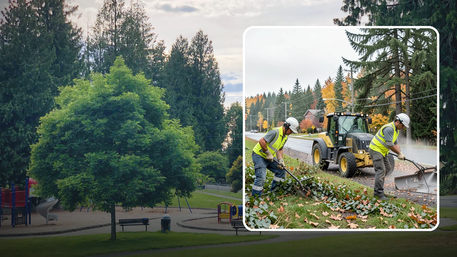 Ivy Removal in Bonney Lake, Pierce County, WA - Removal of English ivy from tree trunks, ground beds, and structures to protect trees and public infrastructure.