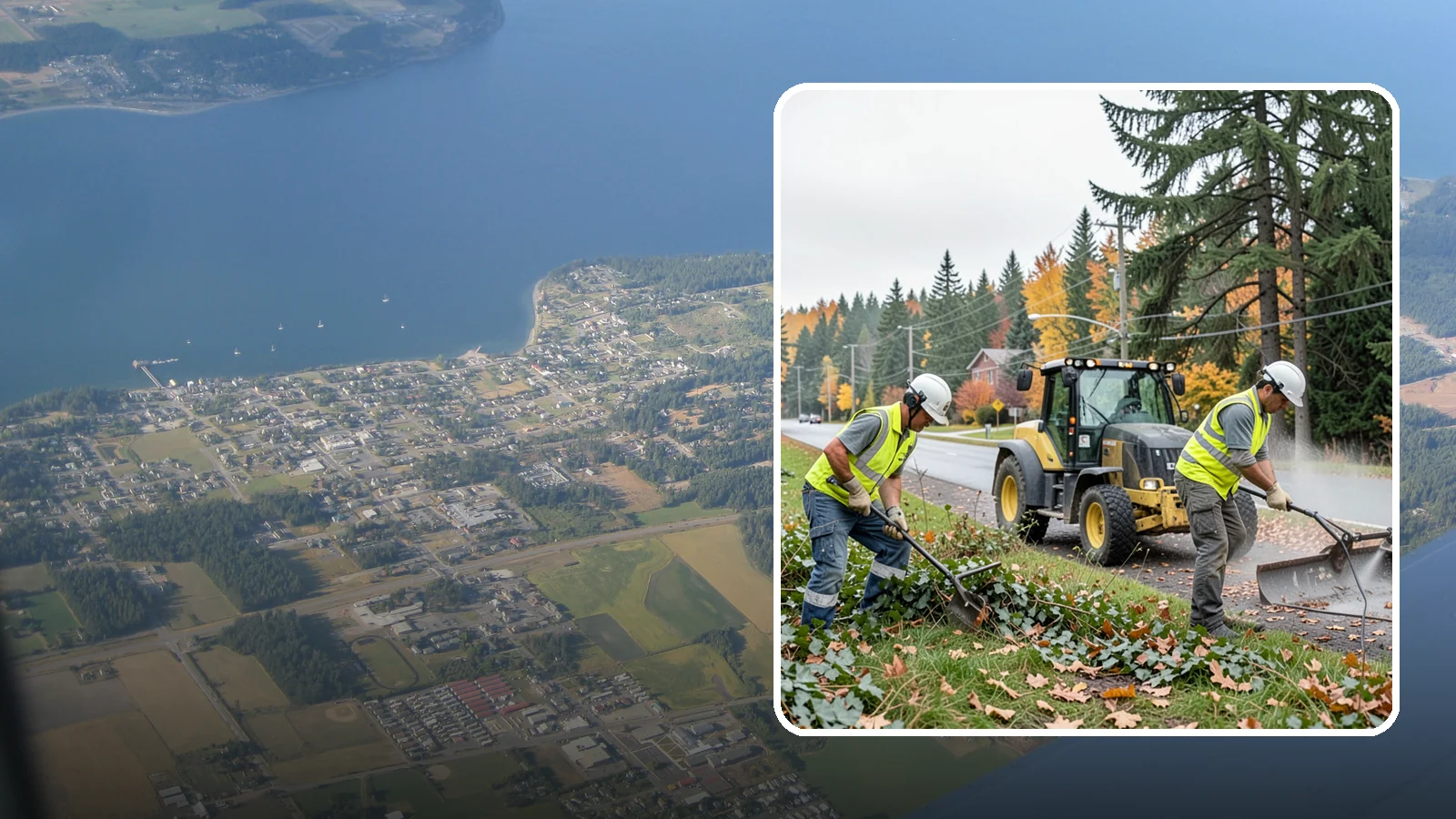 Ivy Removal in Coupeville, Island County, WA - Removal of English ivy from tree trunks, ground beds, and structures to protect trees and public infrastructure.