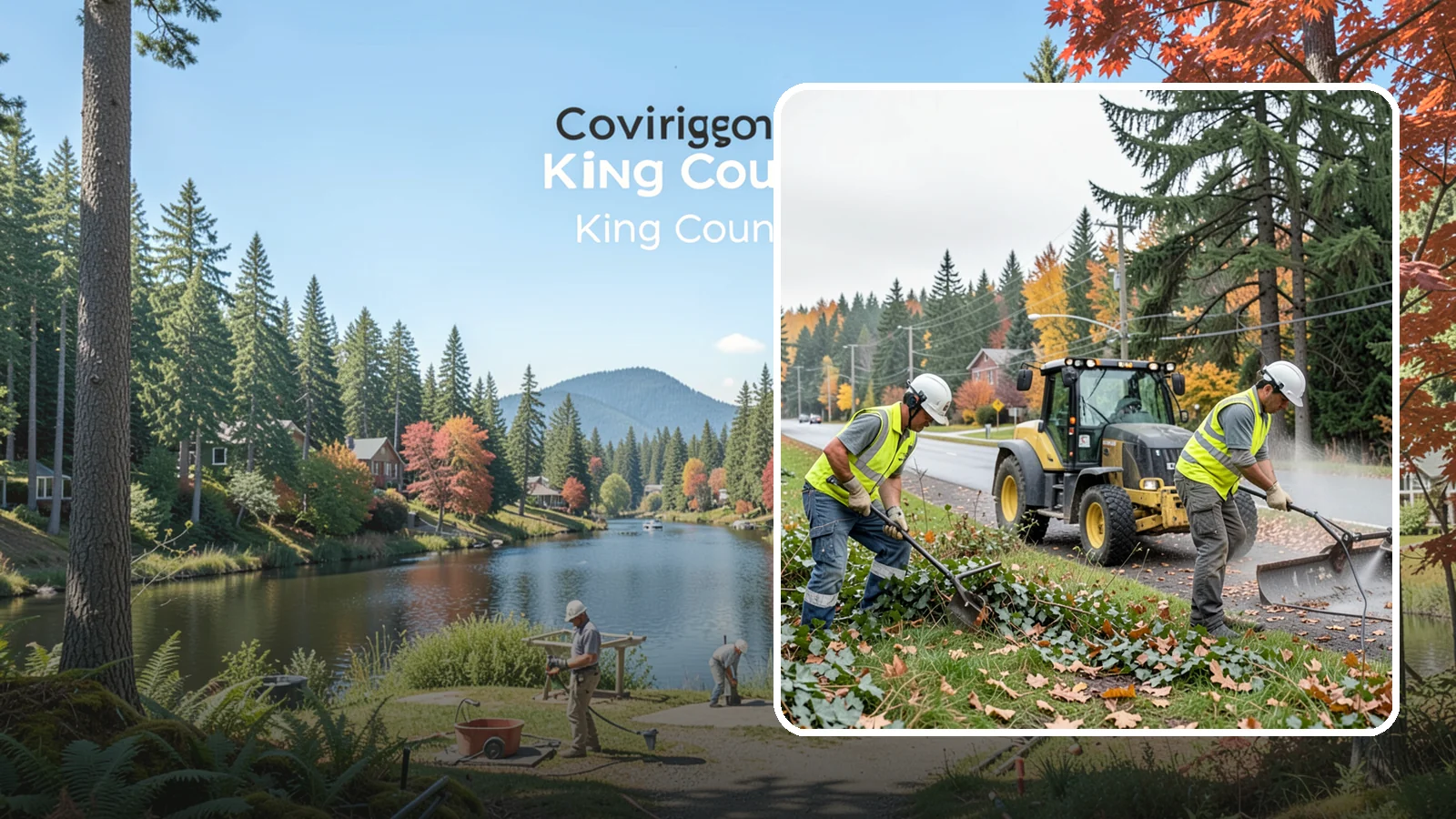 Ivy Removal in Covington, King County, WA - Removal of English ivy from tree trunks, ground beds, and structures to protect trees and public infrastructure.