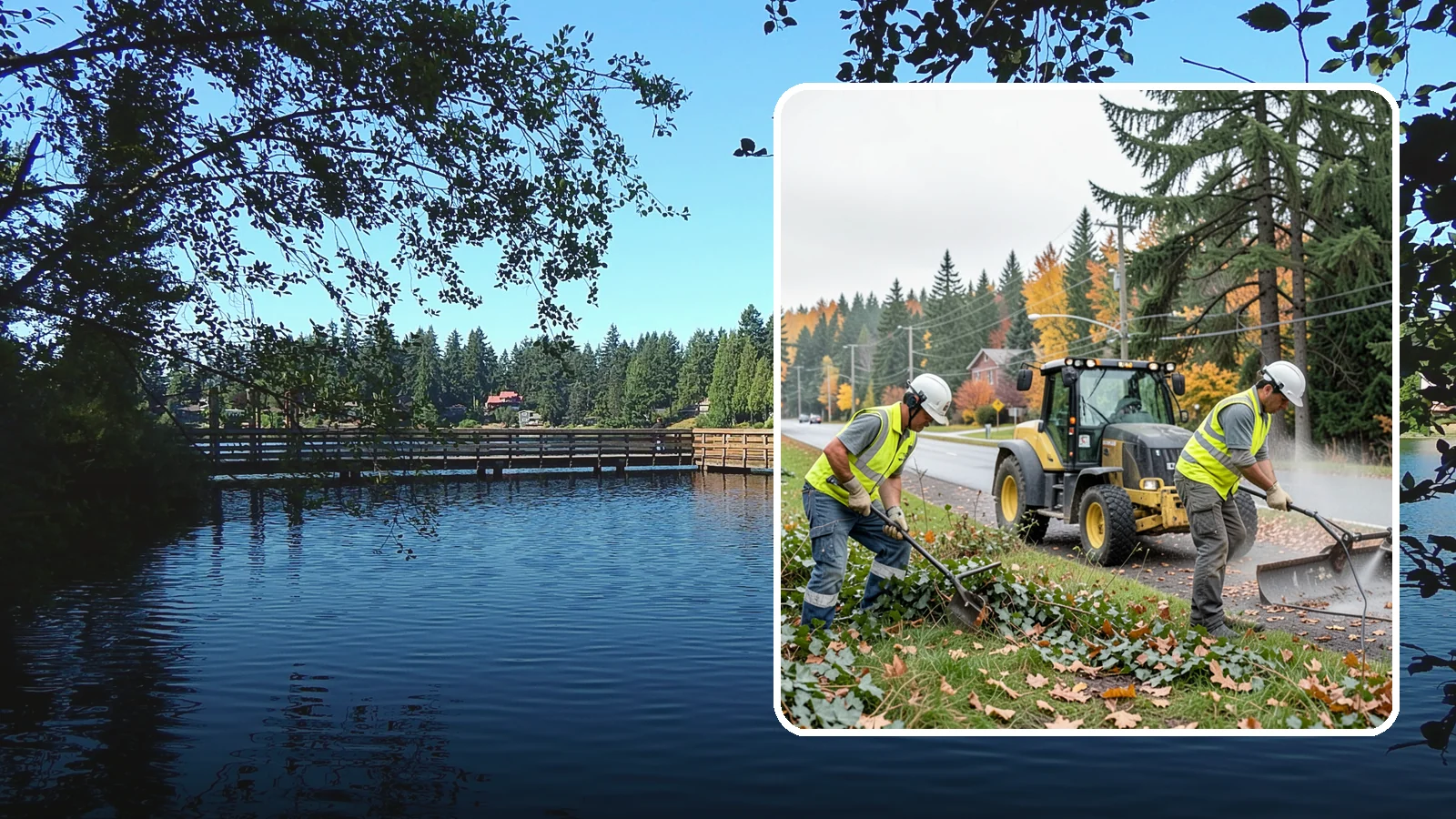 Ivy Removal in Federal Way, King County, WA - Removal of English ivy from tree trunks, ground beds, and structures to protect trees and public infrastructure.