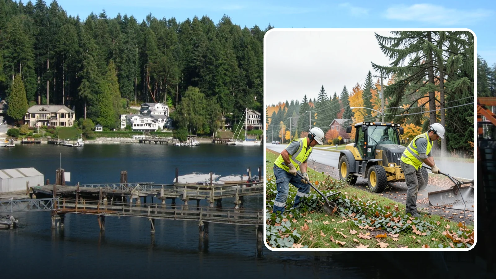 Ivy Removal in Gig Harbor, Pierce County, WA - Removal of English ivy from tree trunks, ground beds, and structures to protect trees and public infrastructure.