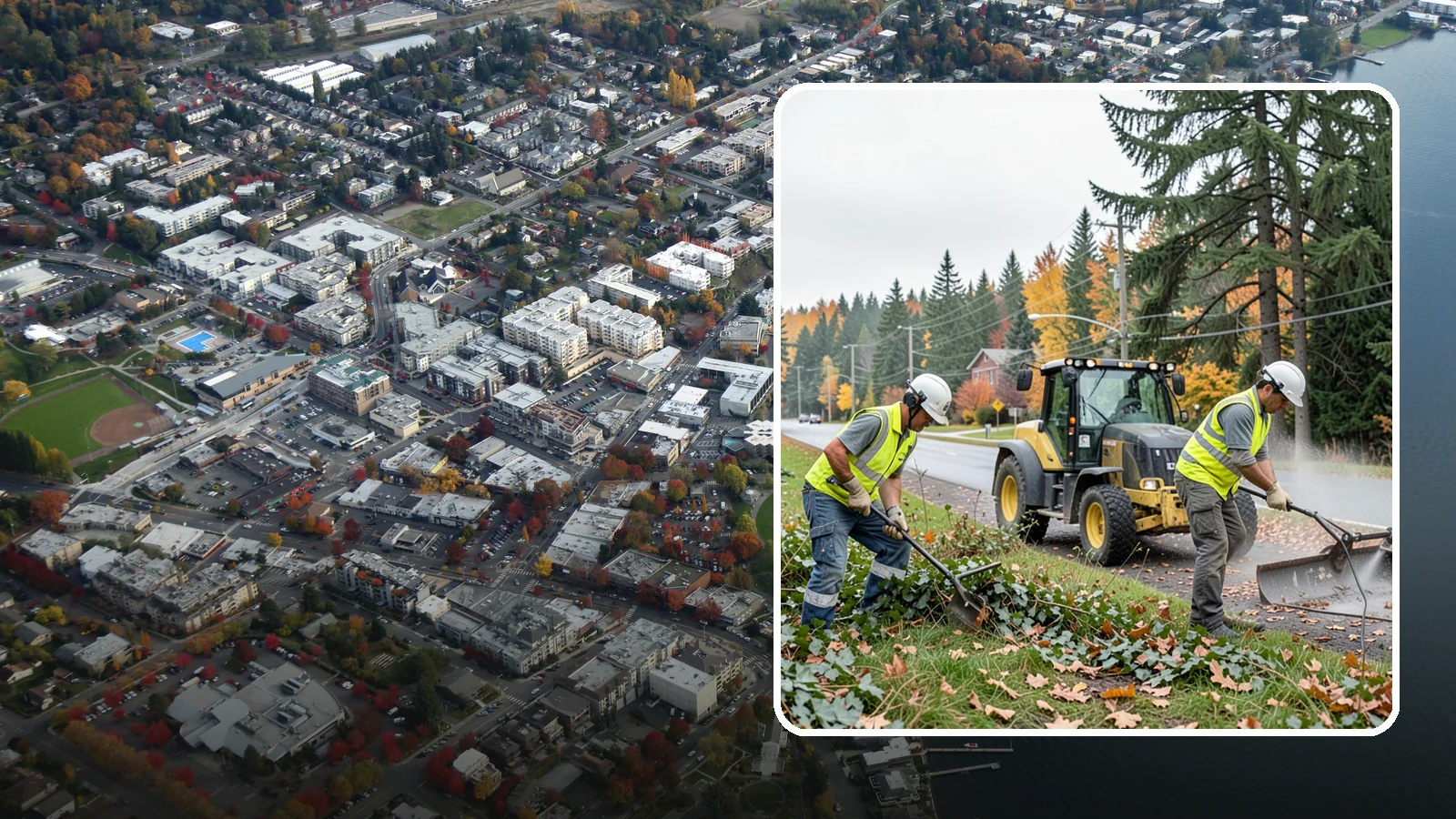 Ivy Removal in Kirkland, King County, WA - Removal of English ivy from tree trunks, ground beds, and structures to protect trees and public infrastructure.