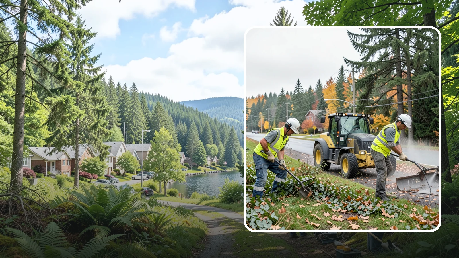 Ivy Removal in Lake Forest Park, King County, WA - Removal of English ivy from tree trunks, ground beds, and structures to protect trees and public infrastructure.