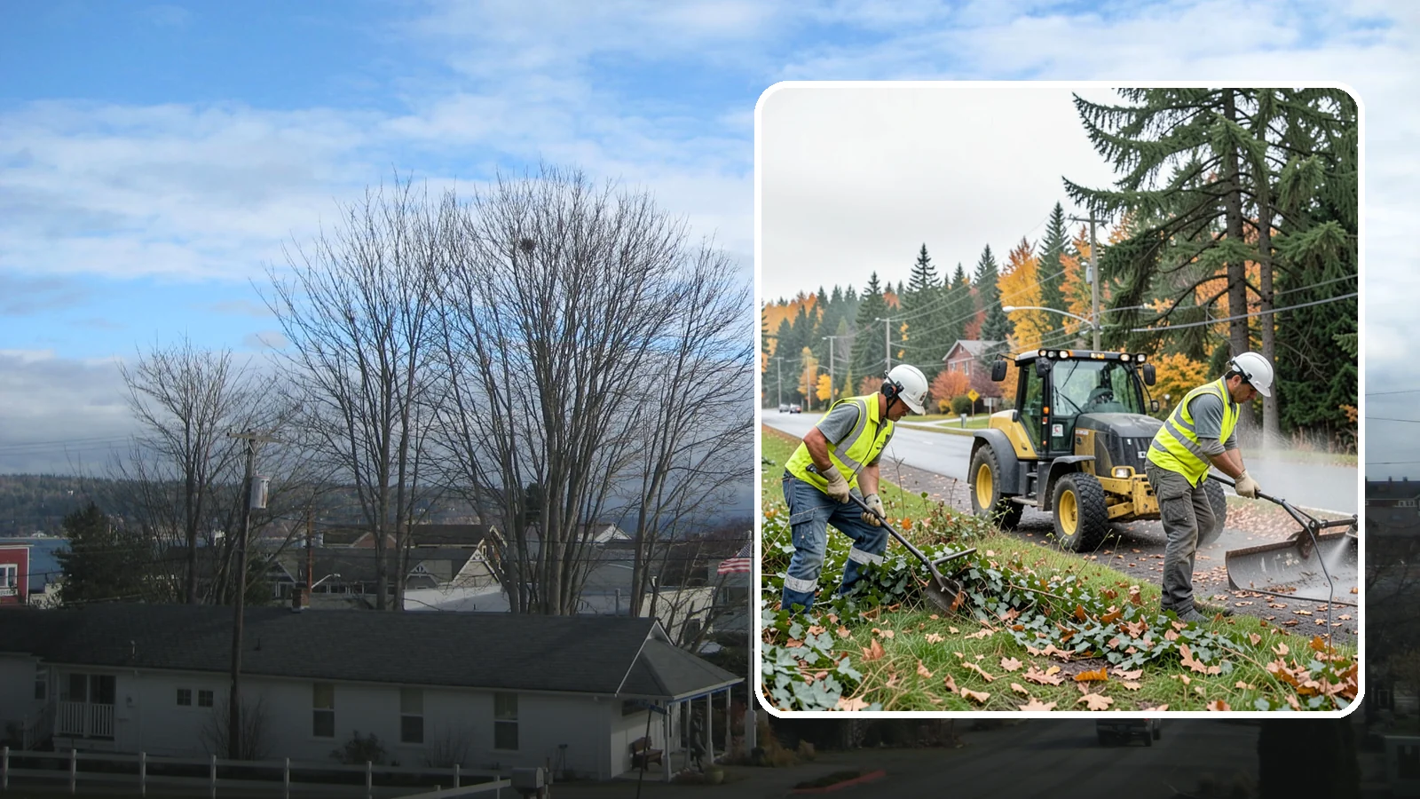 Ivy Removal in Langley, Island County, WA - Removal of English ivy from tree trunks, ground beds, and structures to protect trees and public infrastructure.