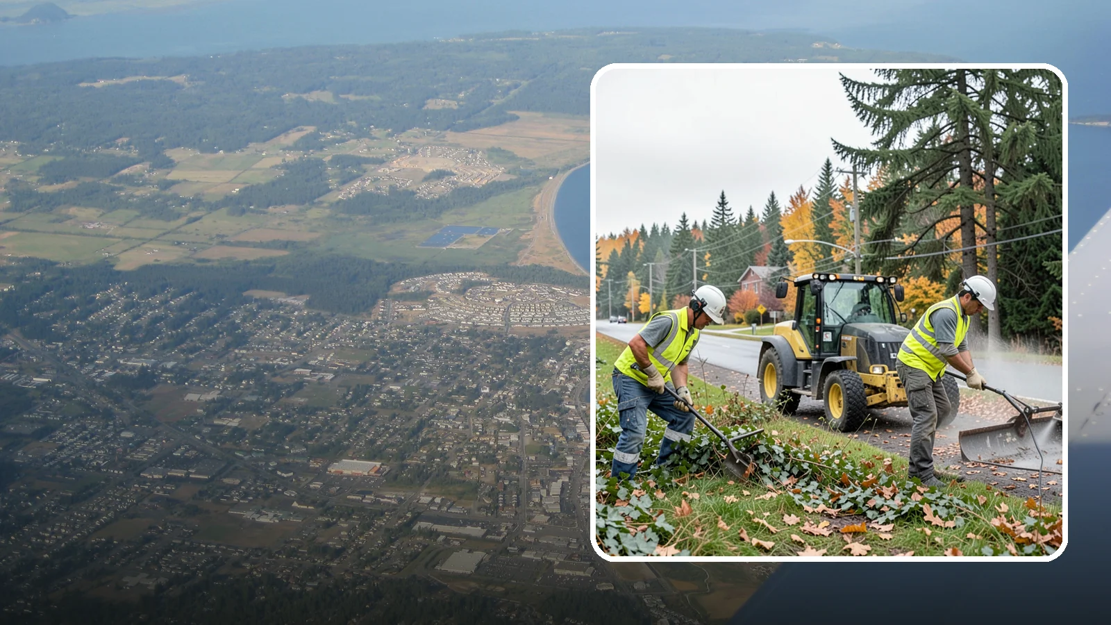 Ivy Removal in Oak Harbor, Island County, WA - Removal of English ivy from tree trunks, ground beds, and structures to protect trees and public infrastructure.
