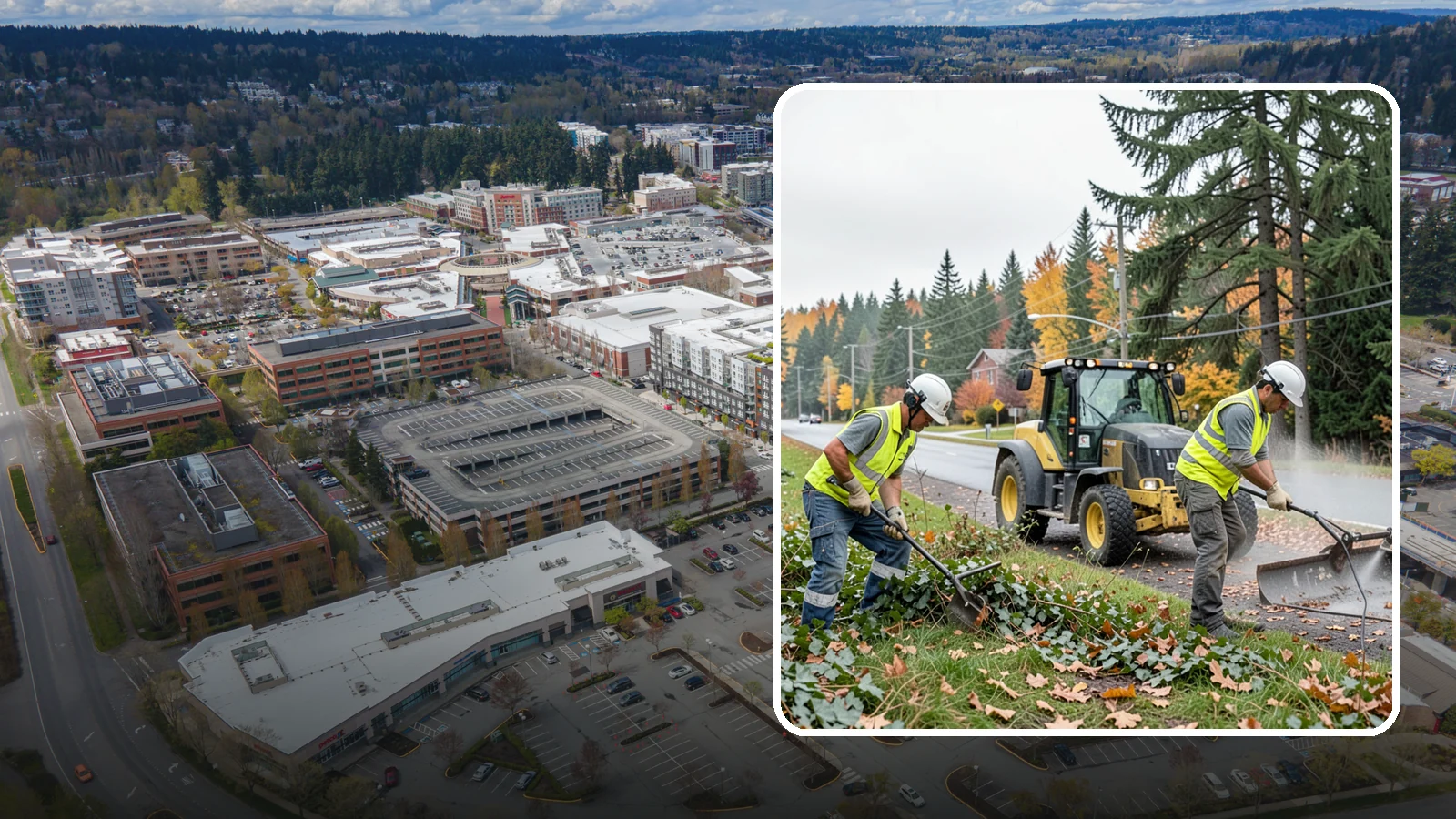Ivy Removal in Redmond, King County, WA - Removal of English ivy from tree trunks, ground beds, and structures to protect trees and public infrastructure.