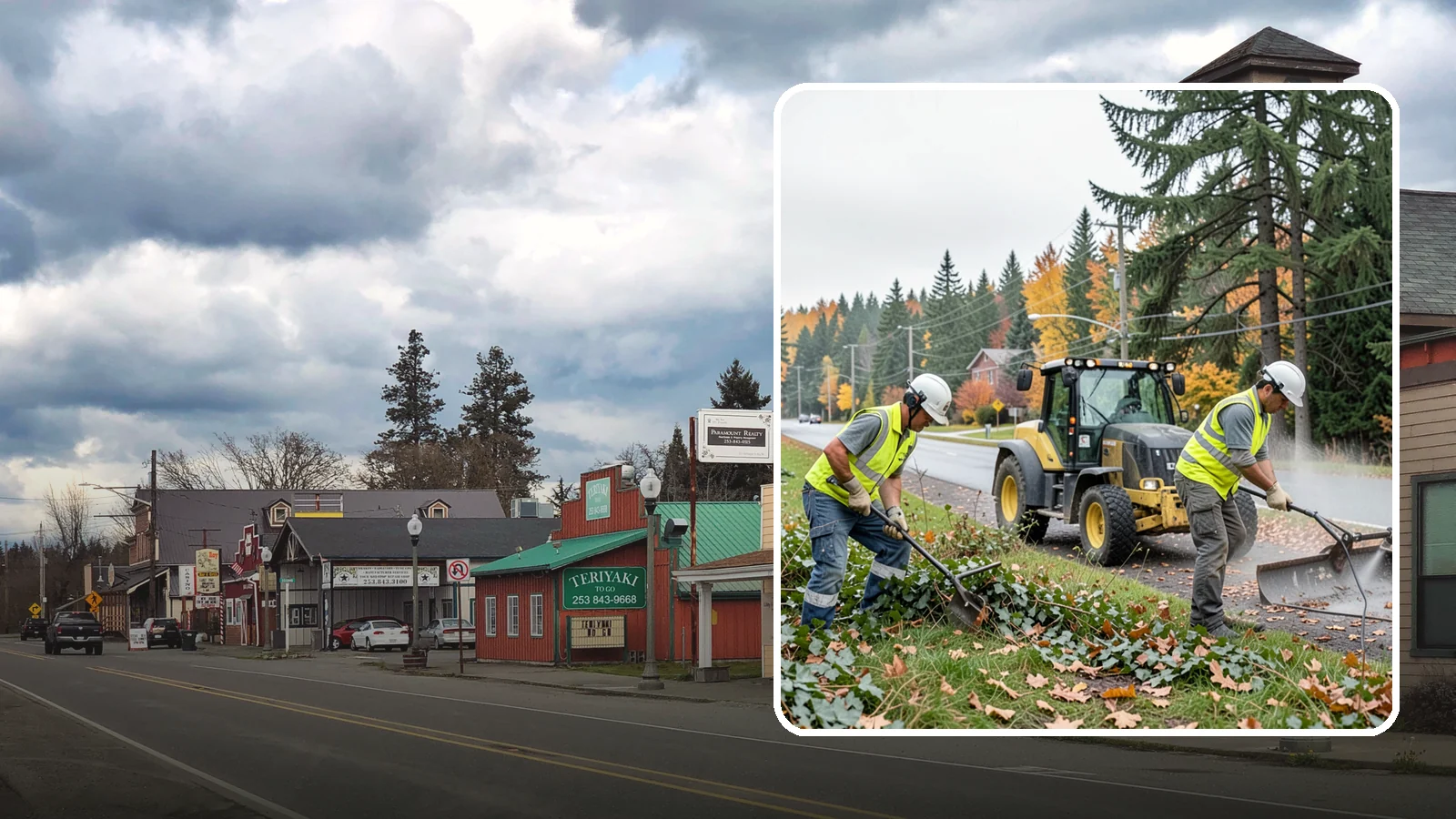 Ivy Removal in Roy, Pierce County, WA - Removal of English ivy from tree trunks, ground beds, and structures to protect trees and public infrastructure.