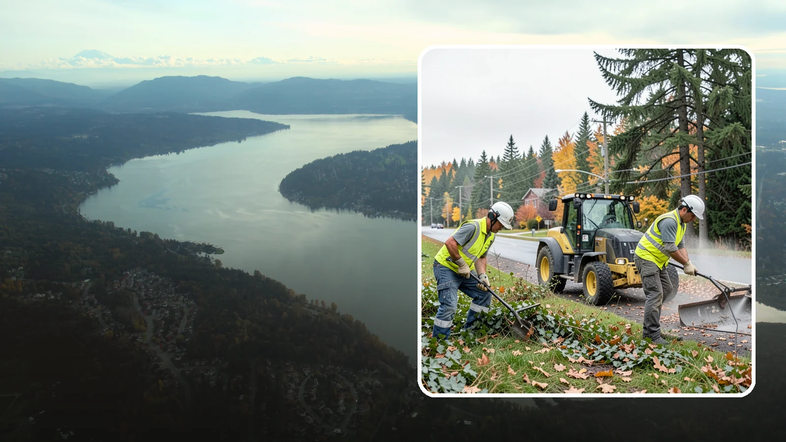 Ivy Removal in Sammamish, King County, WA - Removal of English ivy from tree trunks, ground beds, and structures to protect trees and public infrastructure.