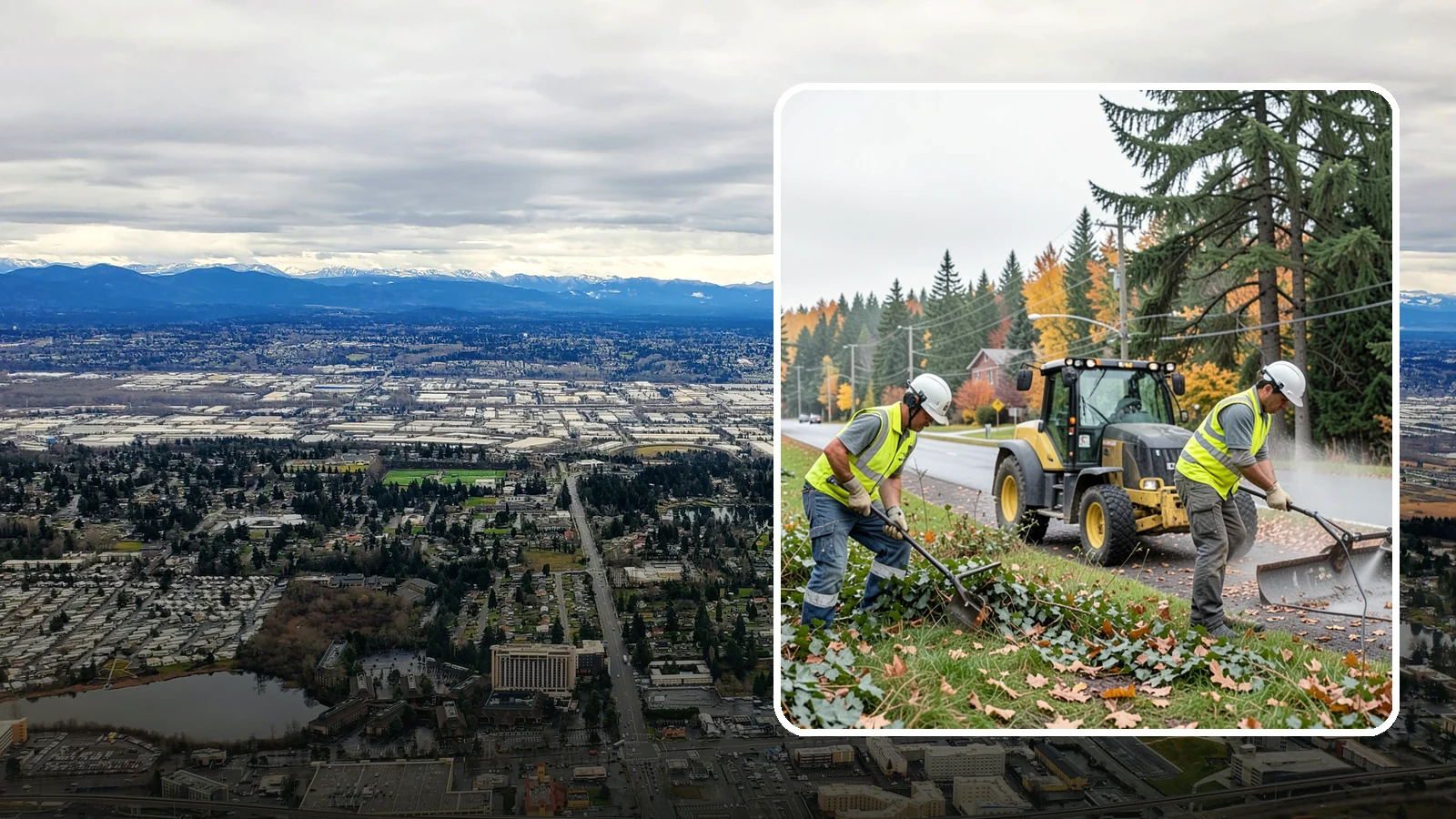 Ivy Removal in SeaTac, King County, WA - Removal of English ivy from tree trunks, ground beds, and structures to protect trees and public infrastructure.