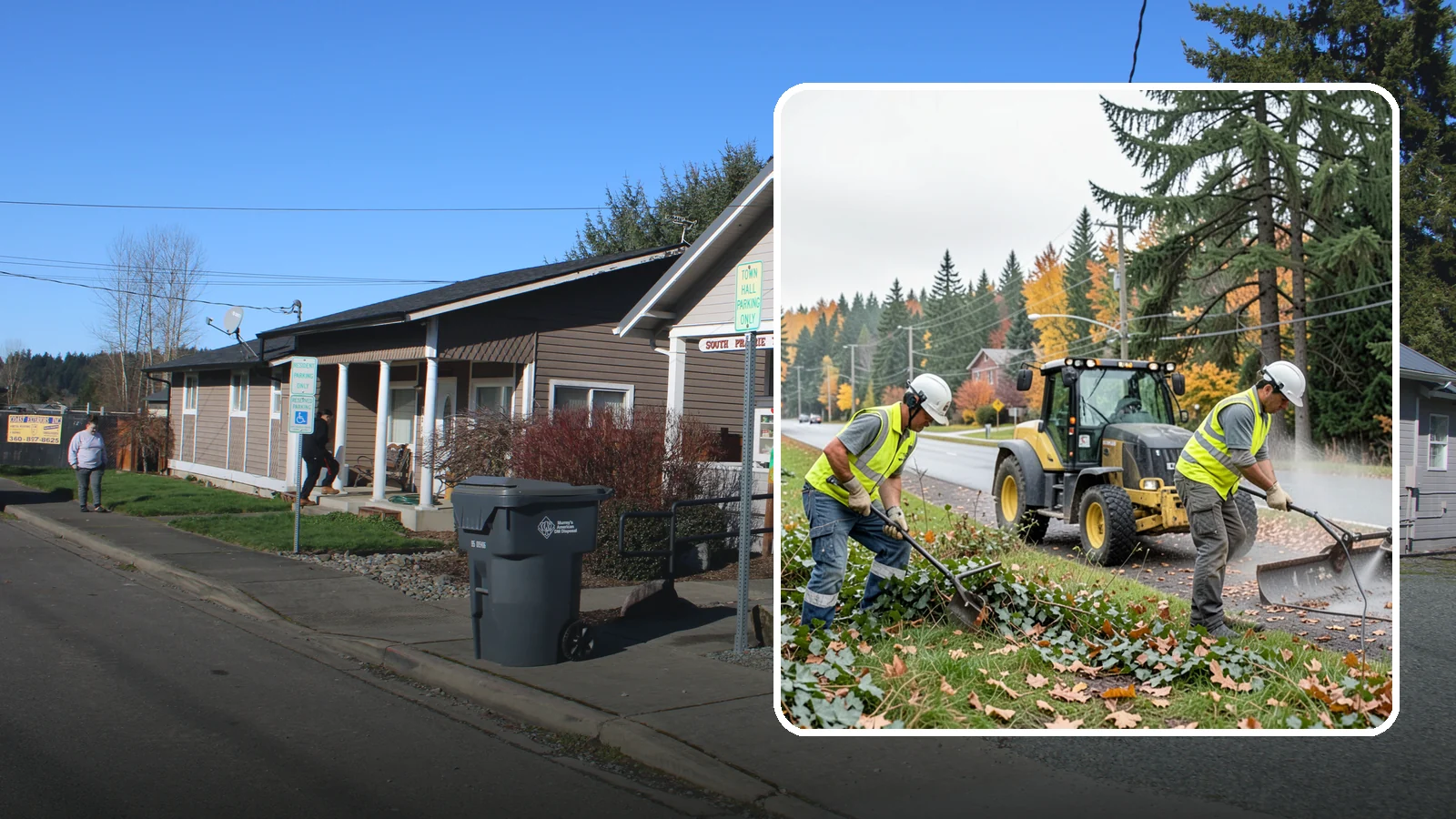 Ivy Removal in South Prairie, Pierce County, WA - Removal of English ivy from tree trunks, ground beds, and structures to protect trees and public infrastructure.
