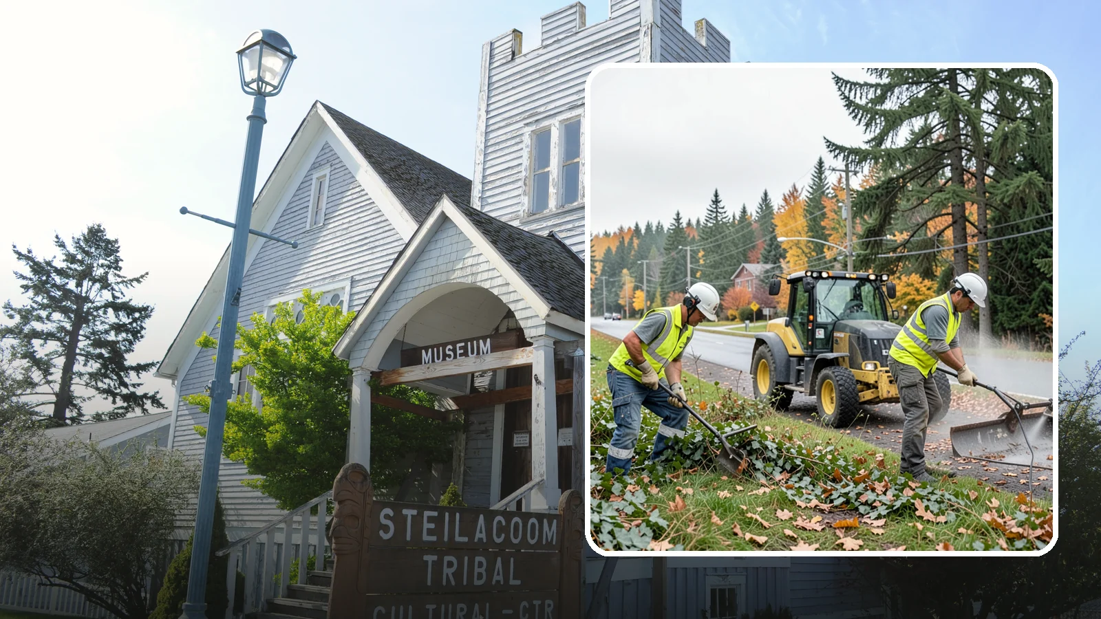 Ivy Removal in Steilacoom, Pierce County, WA - Removal of English ivy from tree trunks, ground beds, and structures to protect trees and public infrastructure.