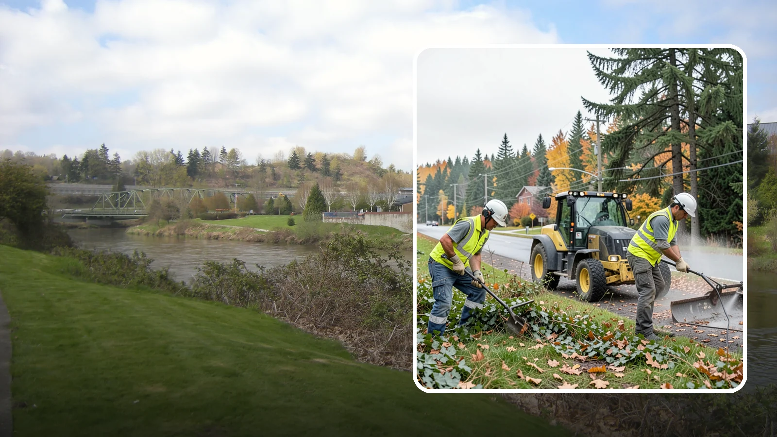 Ivy Removal in Tukwila, King County, WA - Removal of English ivy from tree trunks, ground beds, and structures to protect trees and public infrastructure.